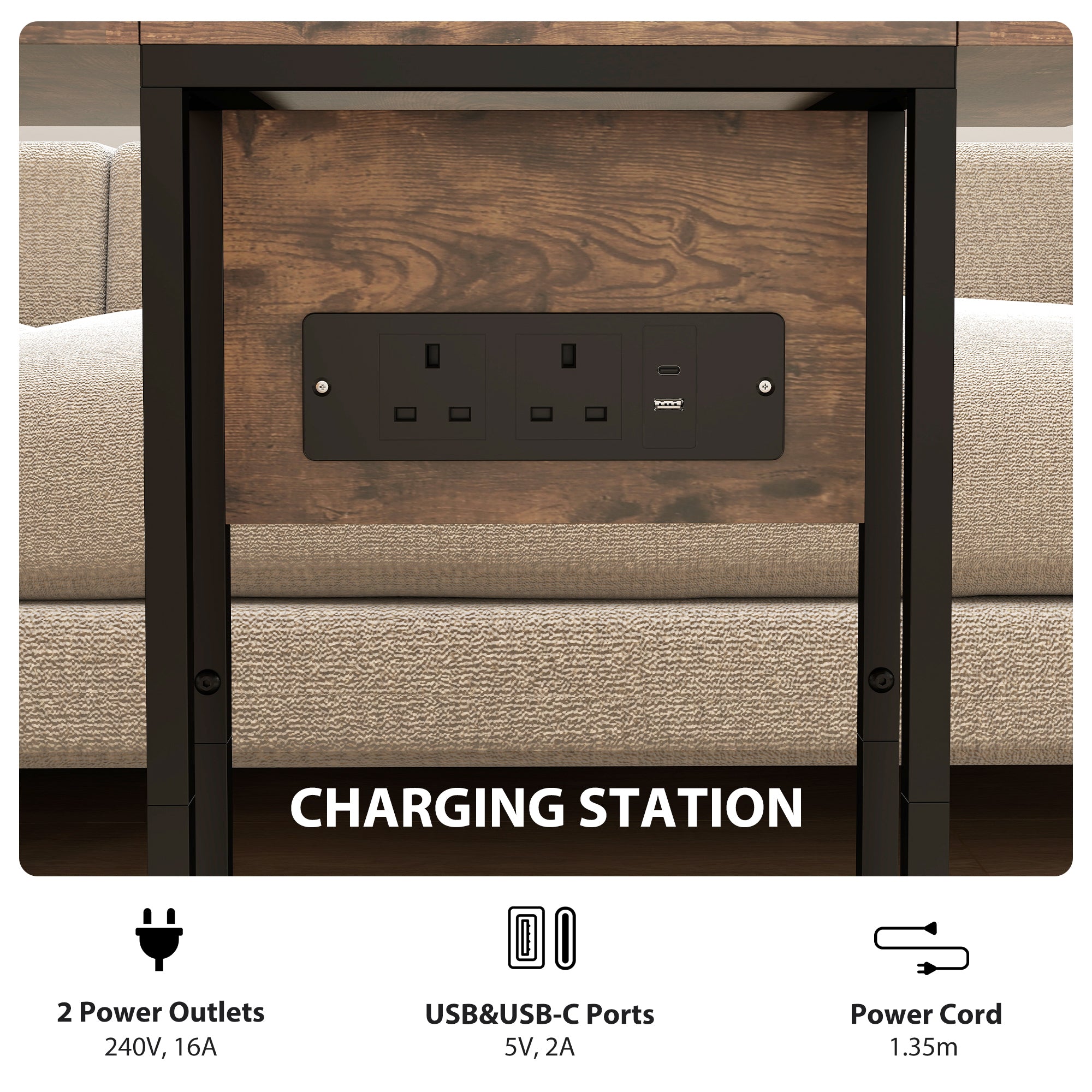 Kozy - C Shaped Side Table with Charging Station and Foldable Top - Rustic Brown