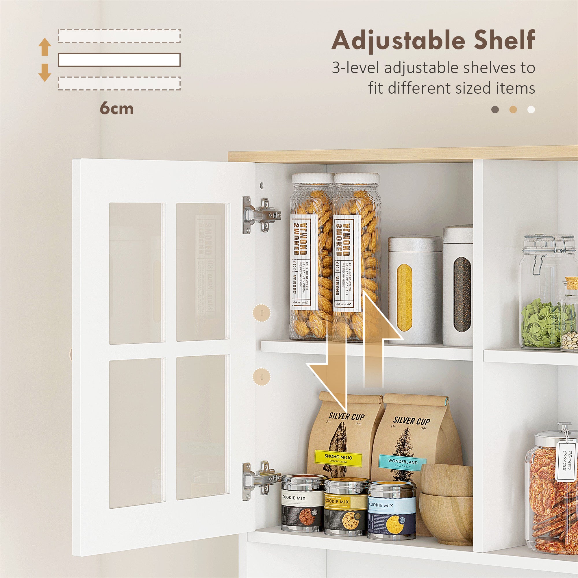 Kozy Freestanding Kitchen Cupboard, Storage Cabinet with Doors and Adjustable Shelves, Counter Top, Grid Glass Doors, 80L x 37W x 183H cm - White