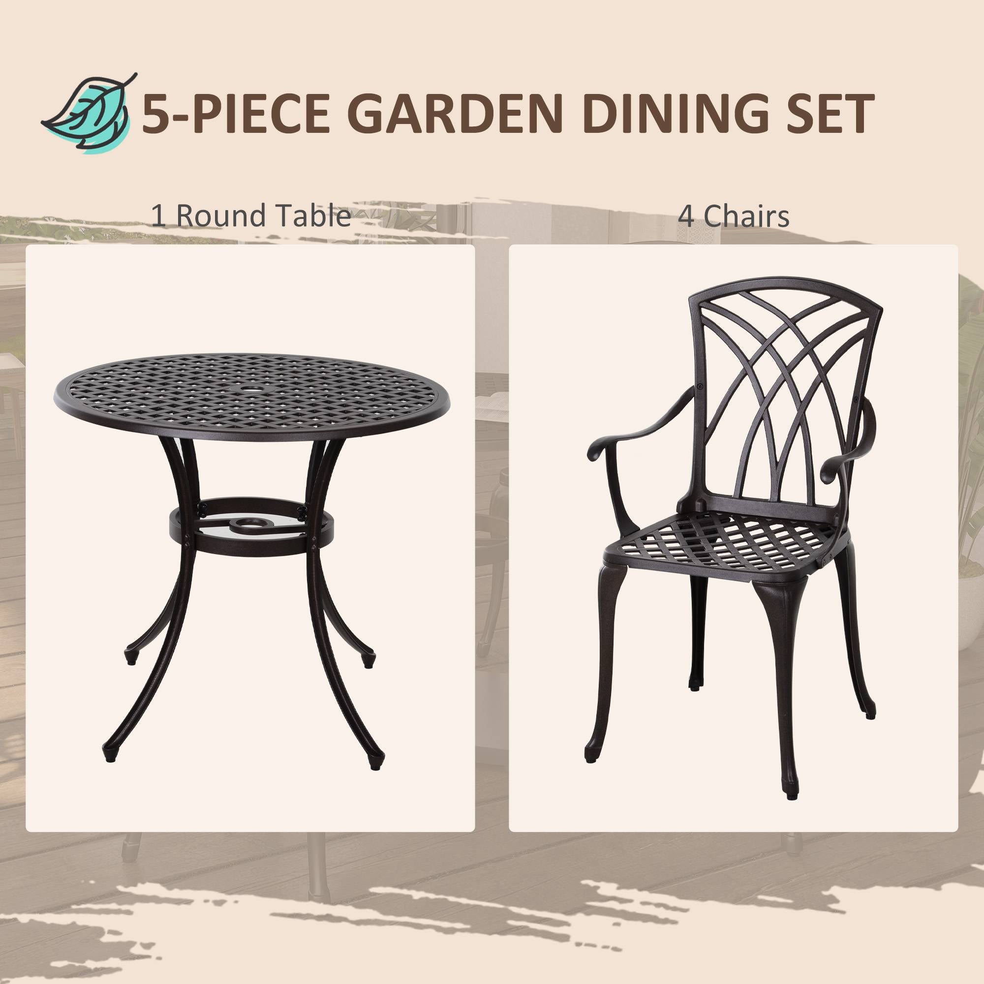 Kozy 5 Pieces Garden Dining Set for 4, Cast Aluminium Outdoor Dining Set with 4 Armchairs and Round Dining Table with Parasol Hole, Garden Furniture Set, Brown