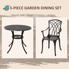 Kozy 5 Pieces Garden Dining Set for 4, Cast Aluminium Outdoor Dining Set with 4 Armchairs and Round Dining Table with Parasol Hole, Garden Furniture Set, Brown