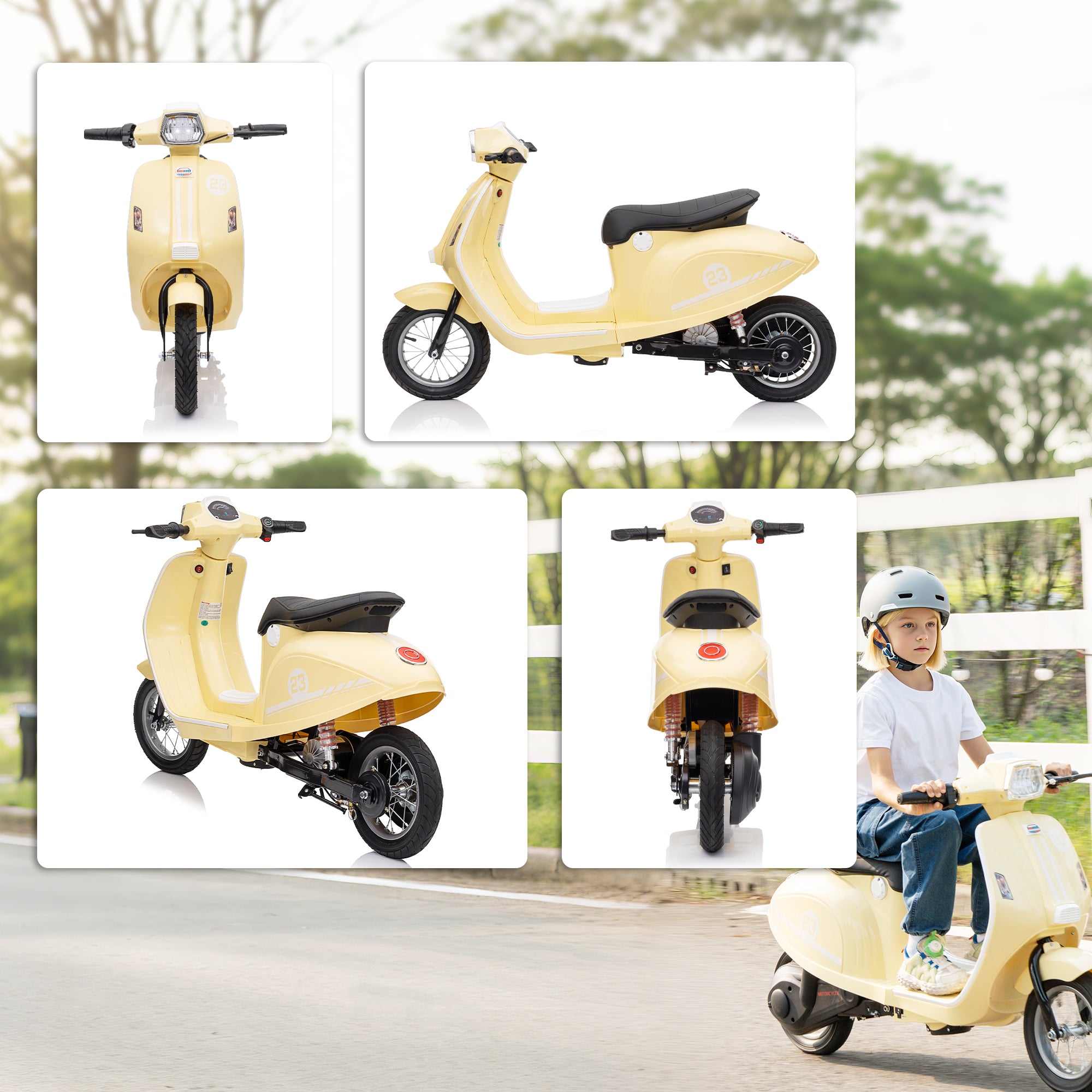 Kozy 24V Kids Electric Motorbike, Ride on Motorcycle with Manual Throttle, Brakes and LED Lights for Ages 8-12 Years, Beige
