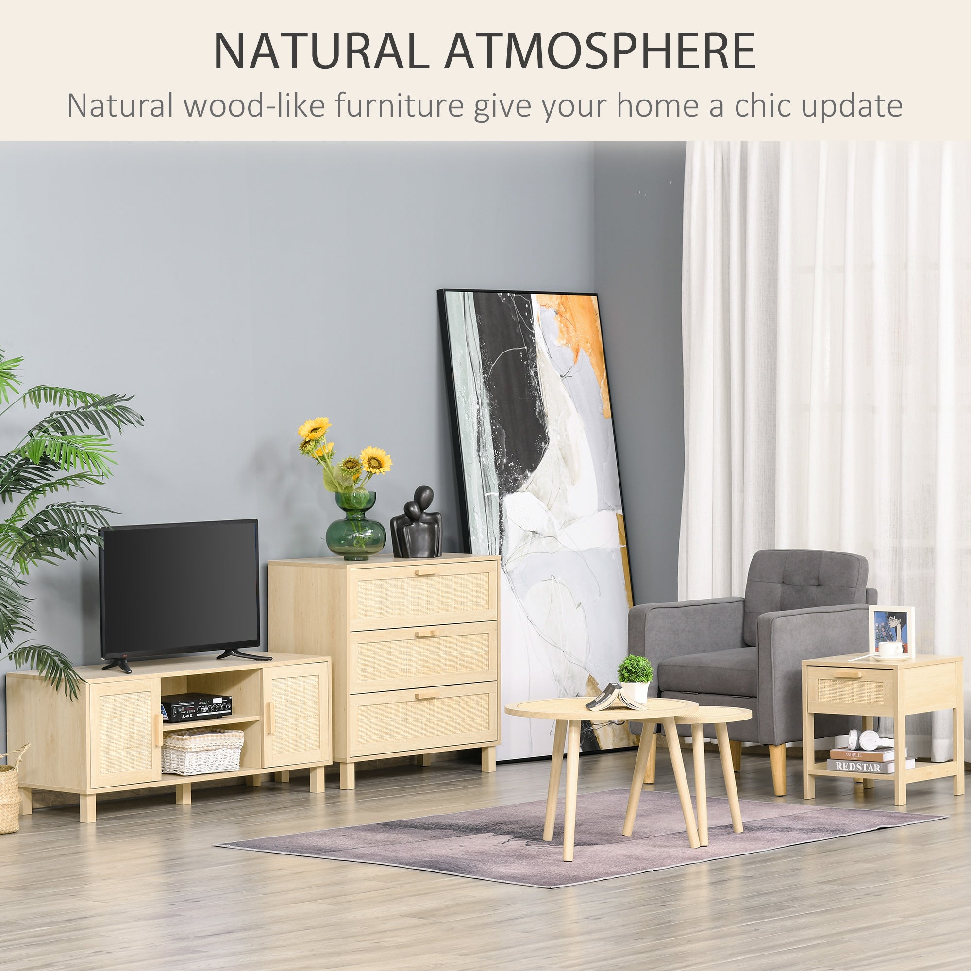 Kozy Nightstand with Rattan Drawer and Storage Shelf, Bedside End Table for Bedroom, Living Room