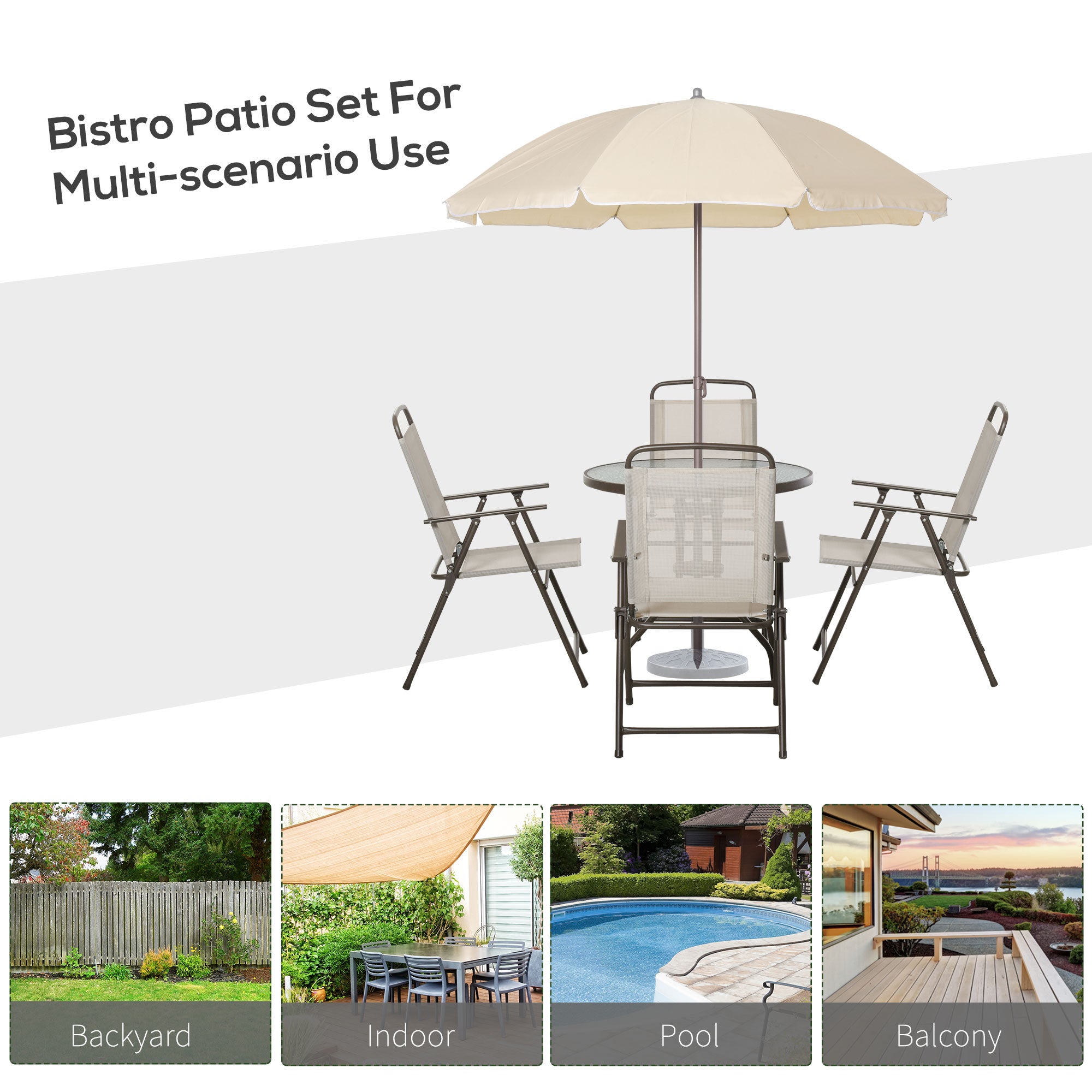 Kozy Garden Patio Texteline Folding Chairs Plus Table and Parasol Furniture Bistro Set 6 Pieces - Coffee/Cream