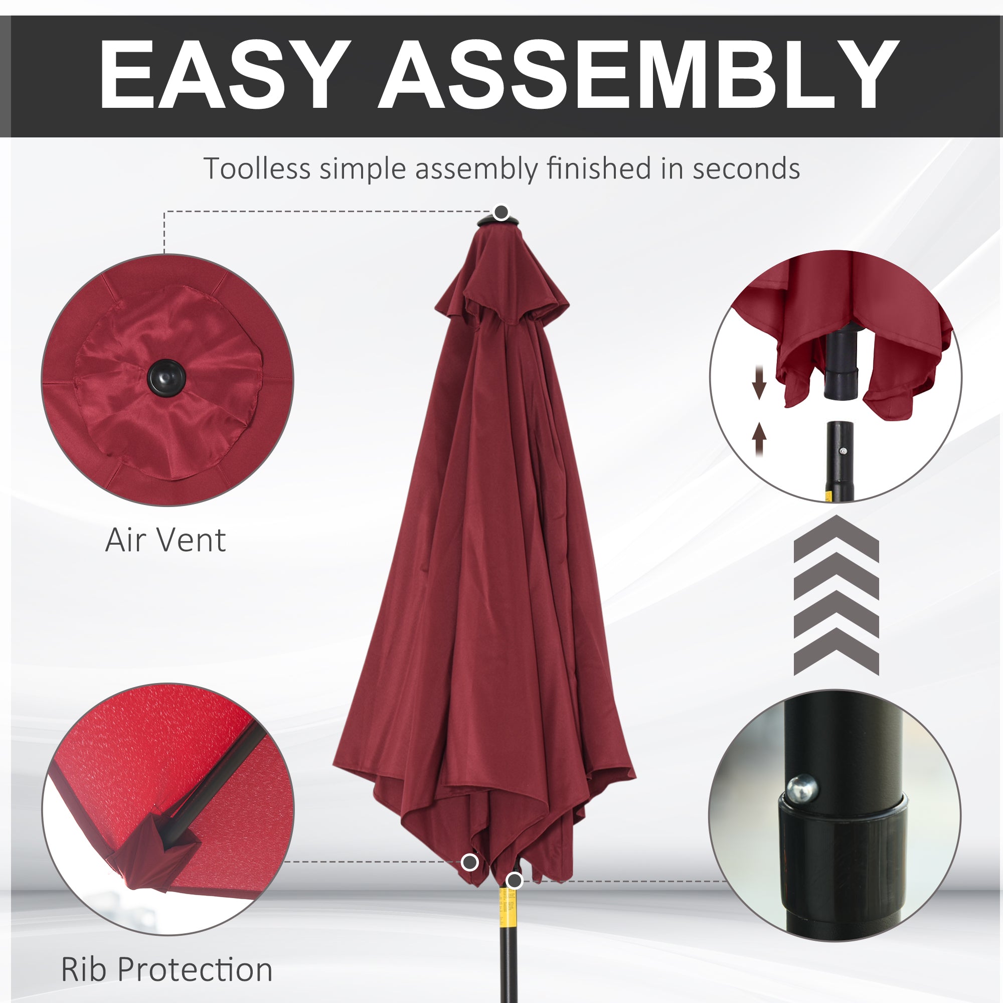 Outsunny 9ft Aluminium Patio Umbrella Sun Shade with Wine Red Canopy, Outdoor Market Caf茅 Yard Gazebo Cover