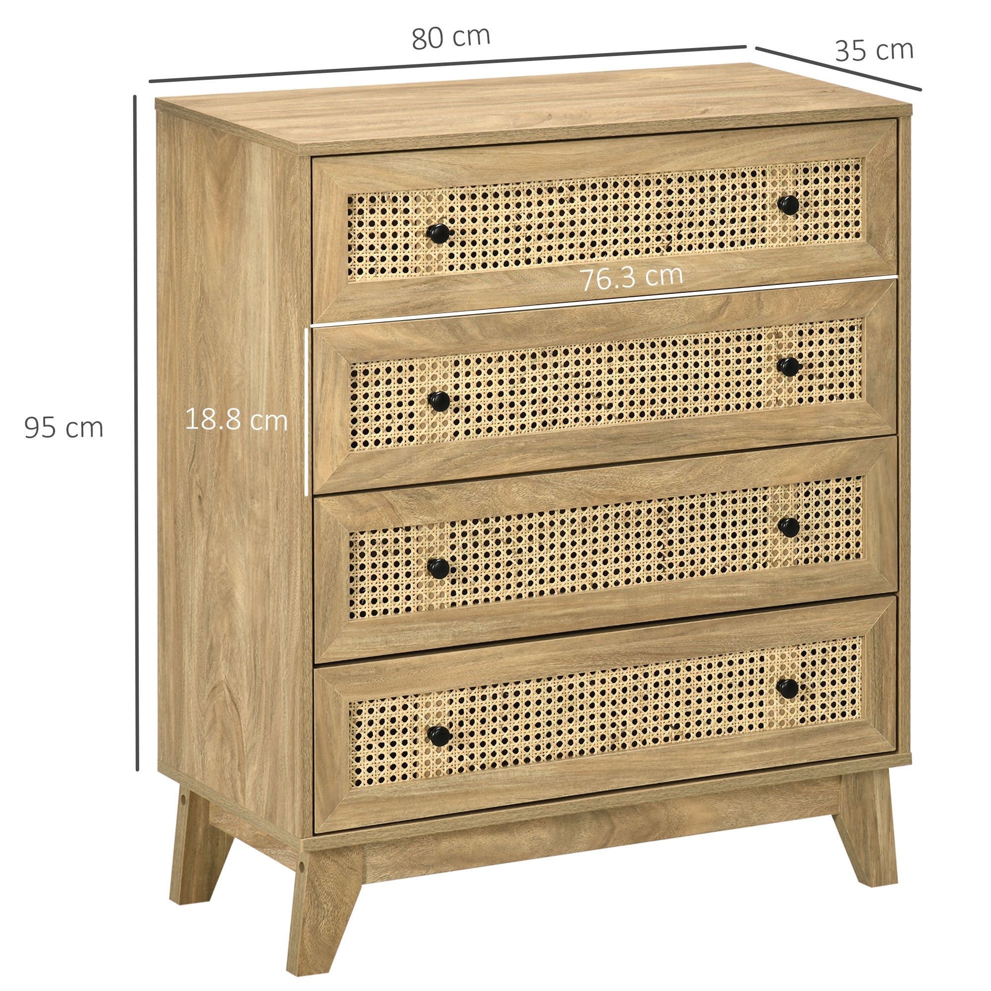 Kozy Storage Cabinet, 4-Drawer Unit with Rattan Element for Bedroom, Living Room, 80cmx35cmx95cm, Wood Effect
