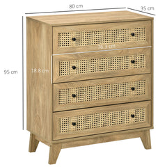 Kozy Storage Cabinet, 4-Drawer Unit with Rattan Element for Bedroom, Living Room, 80cmx35cmx95cm, Wood Effect