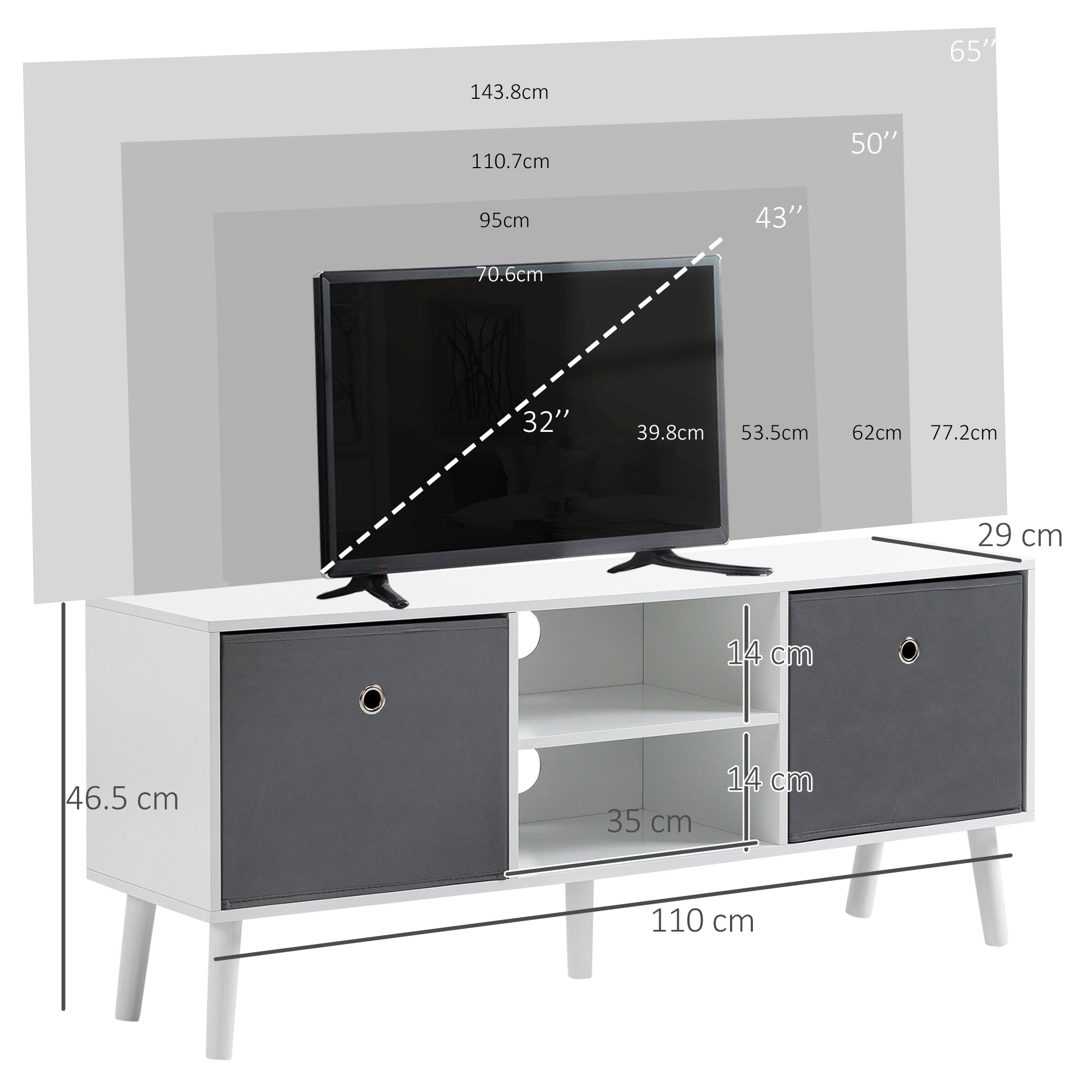 Kozy TV Cabinet Stand Unit for TVs up to 50'' with Foldable Drawers, Entertainment Centre for Living Room White