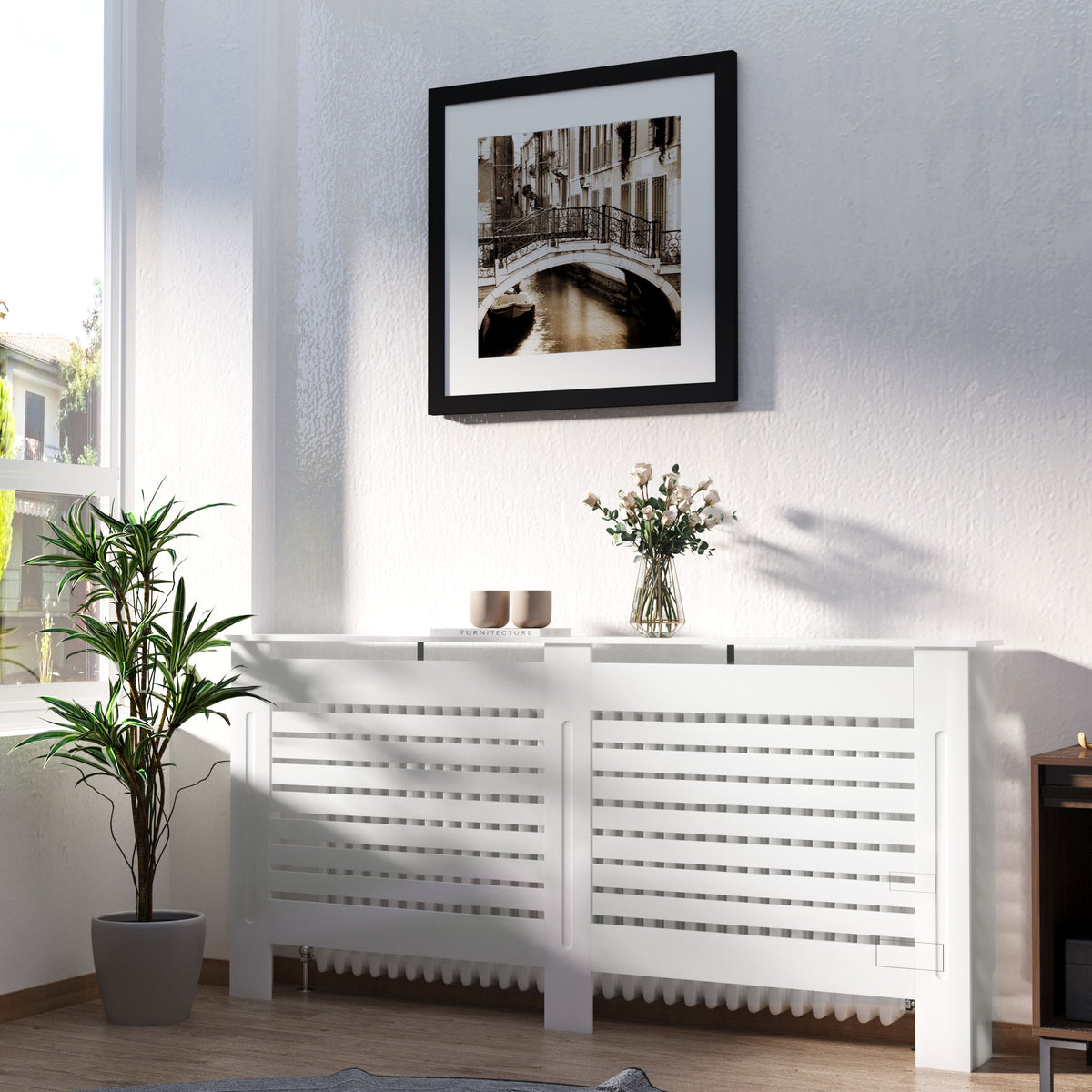 HOMCOM MDF White Painted Radiator Cover Slatted Cabinet Shelving Display Horizontal Style Modern Piece 172L x 19W x 81H cm