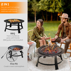 Outsunny Metal Large Firepit Bowl Outdoor Round Fire Pit w/ Lid, Log Grate, Poker for Backyard, Camping, BBQ, Bonfire, 76 x 76 x 53cm, Black