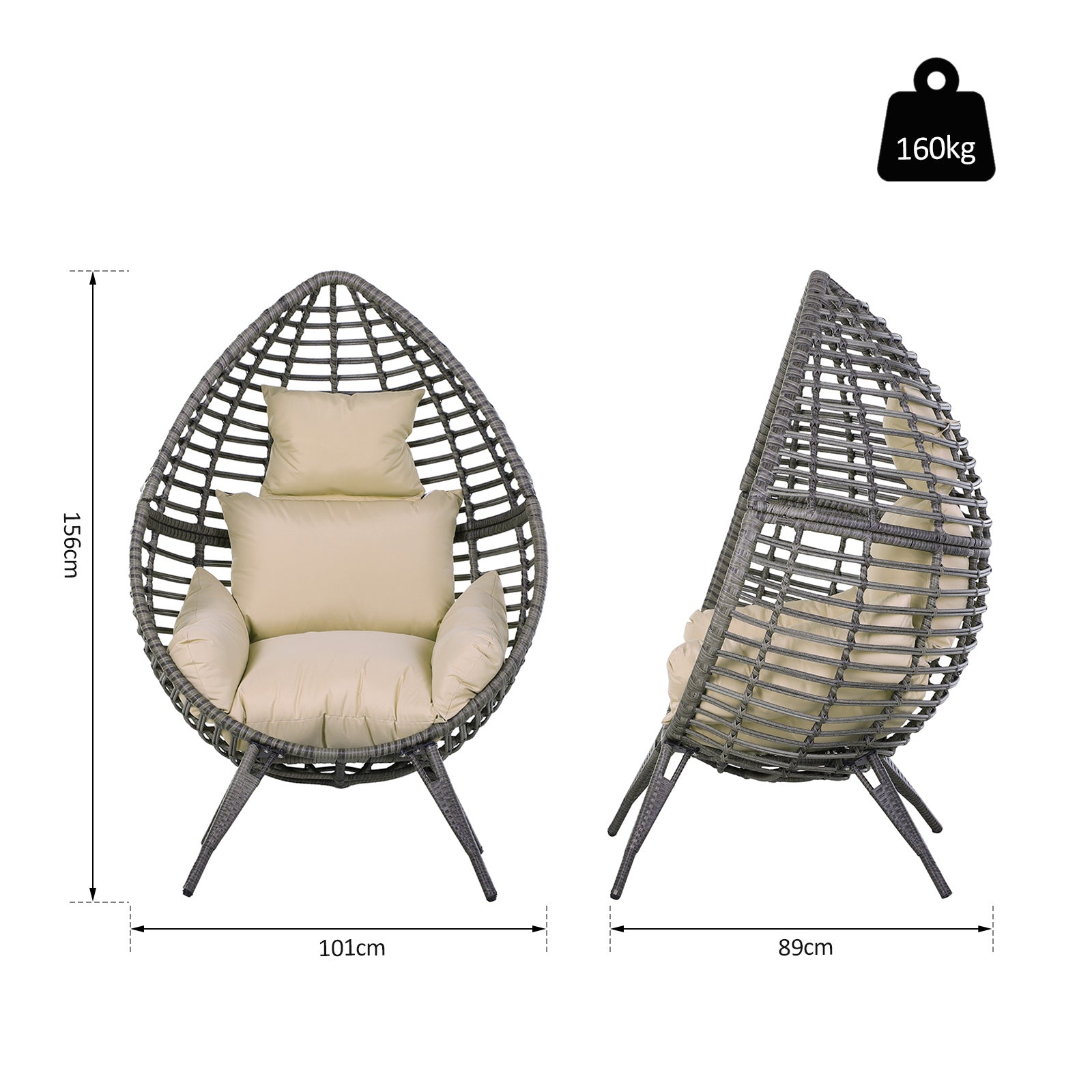 Kozy Garden Egg Chair, Teardrop Outdoor PE Rattan Chair with Full-body Soft Padded Cushion, Grey