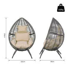 Kozy Garden Egg Chair, Teardrop Outdoor PE Rattan Chair with Full-body Soft Padded Cushion, Grey