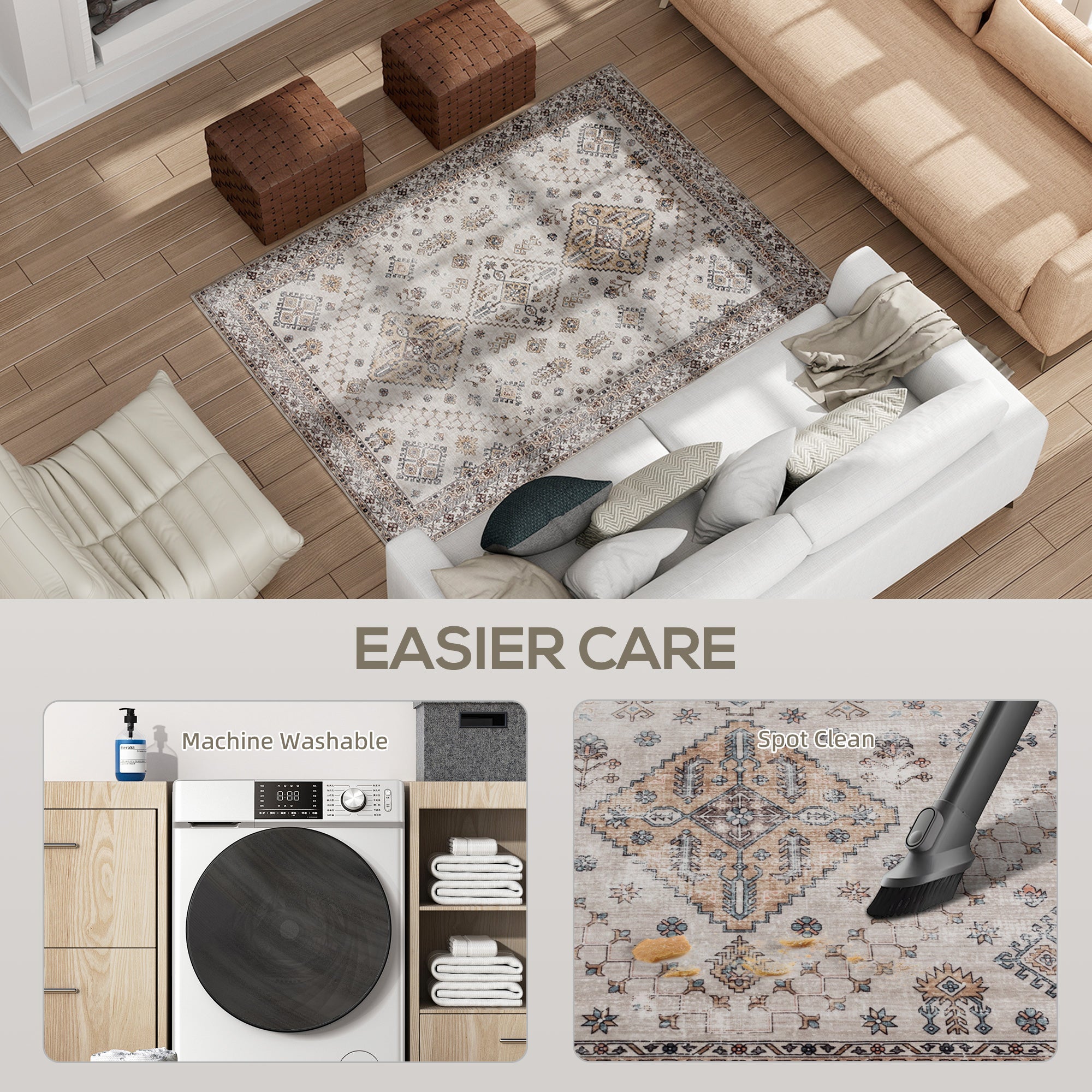 Kozy - Vintage Area Rug, Non-Slip Washable Rug, Flannel Floor Carpet for Living Room, Bedroom, Dining Room, Home Office, 170 x 120 cm, Beige