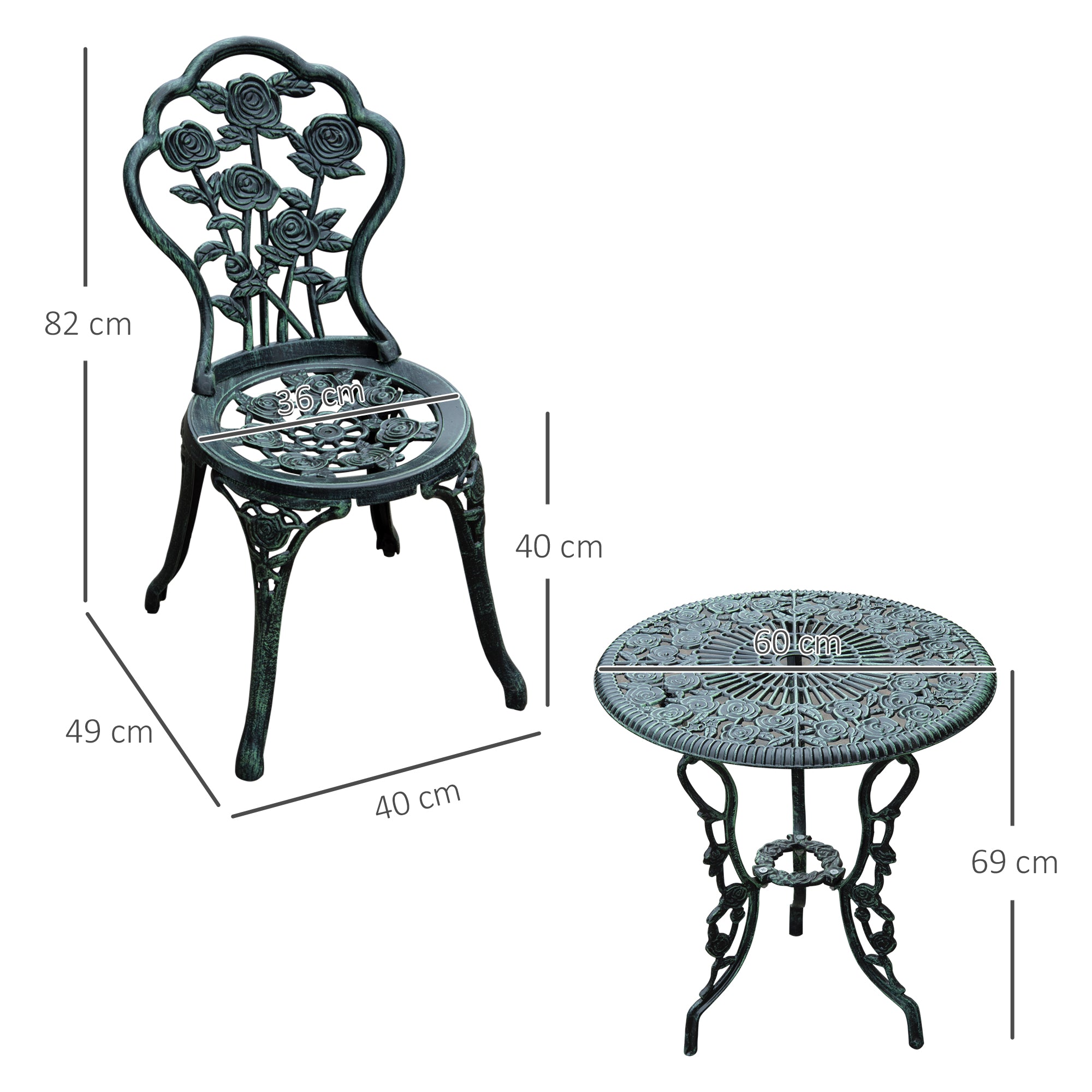 Kozy Cast Aluminium Outdoor Patio Garden Bistro Elegant Design Table Chair Set - Green (3-Piece)