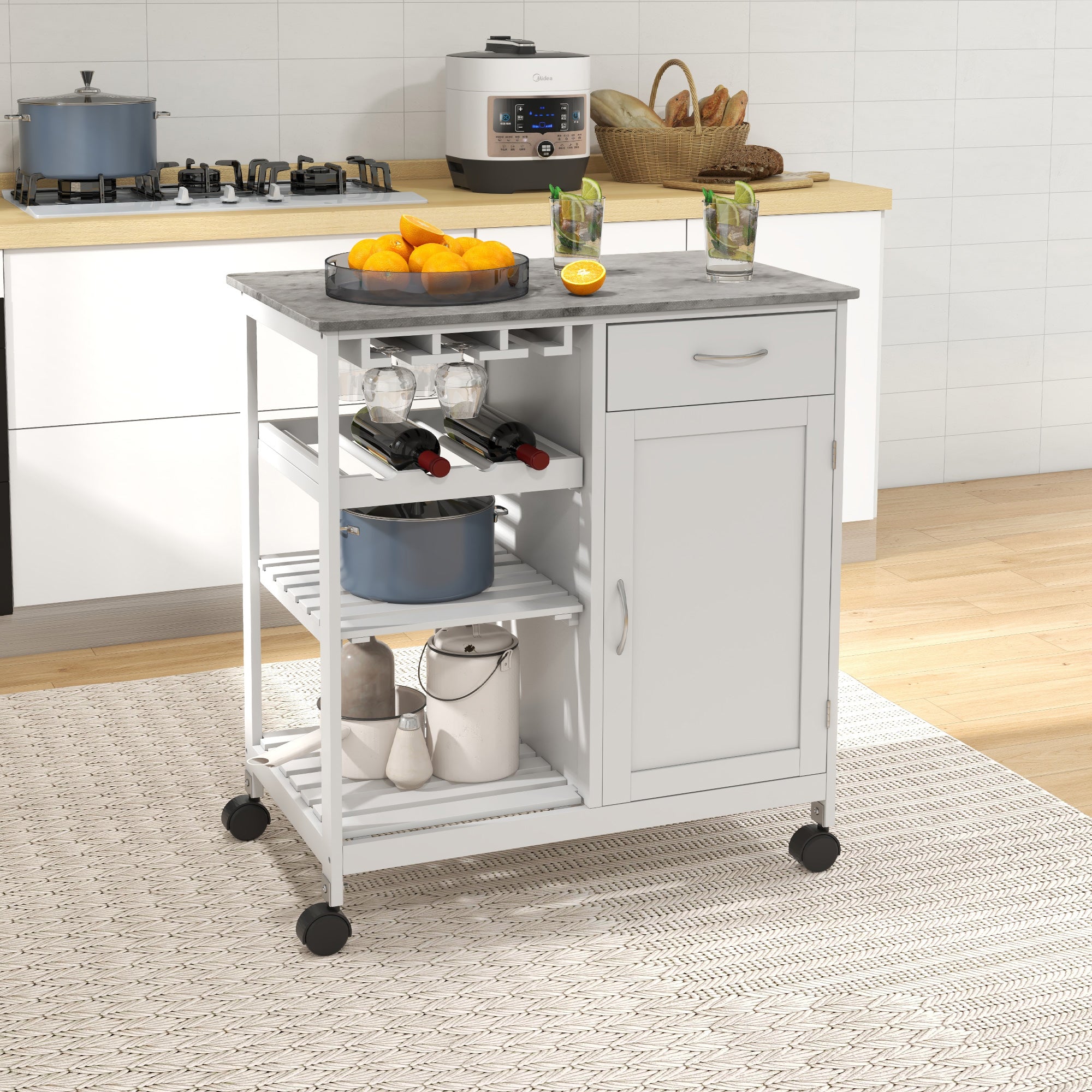 Kozy Compact Kitchen Trolley Utility Cart on Wheels with Wine Rack, Drawer, Open Shelf and Storage Cabinet for Dining Room, White