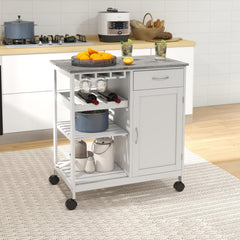 Kozy Compact Kitchen Trolley Utility Cart on Wheels with Wine Rack, Drawer, Open Shelf and Storage Cabinet for Dining Room, White