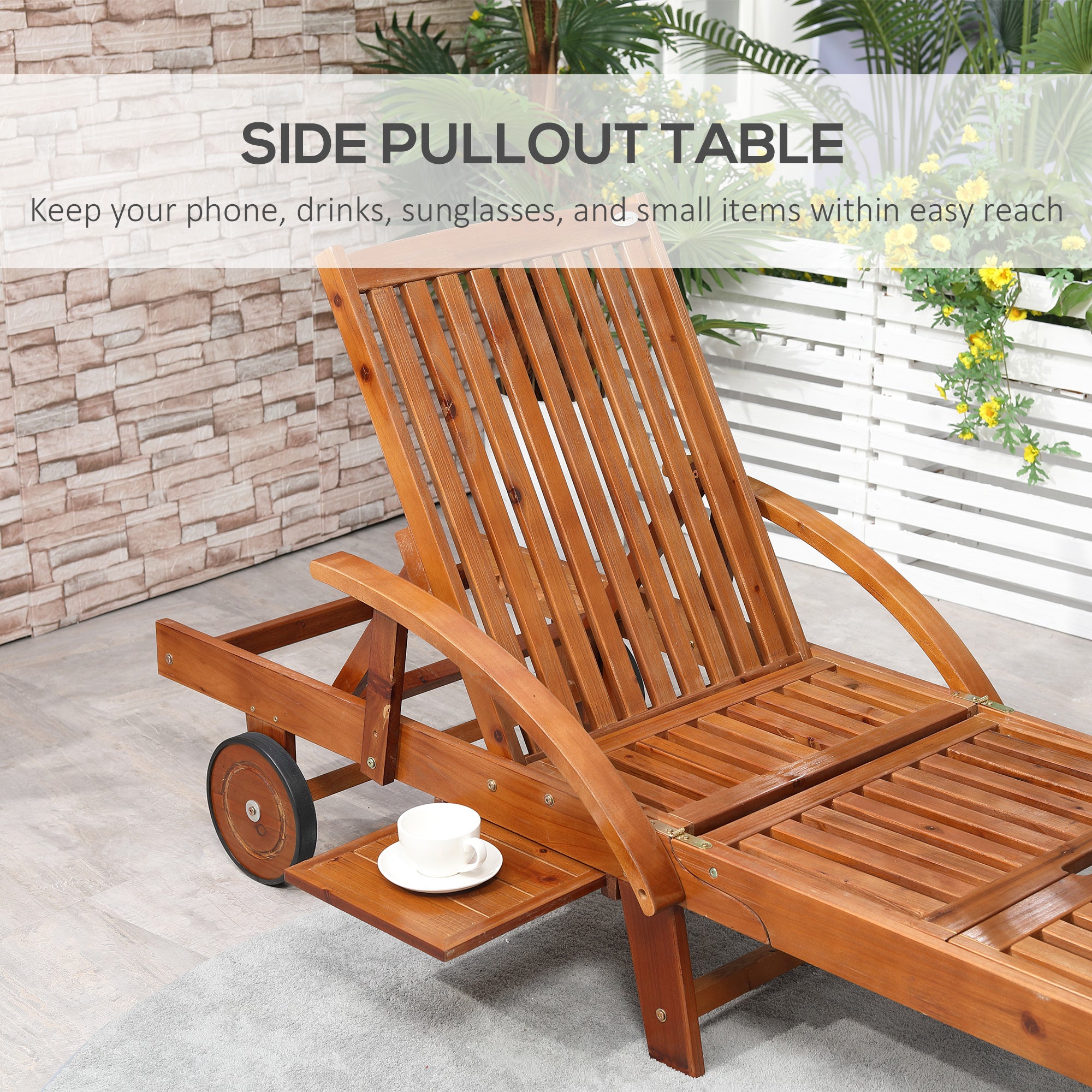 Kozy Folding Wooden Sun Lounger, 4-Level Adjustable Garden Lounger Recliner with Side Tray and Wheels, Outdoor Reclining Sunbed with Slatted Seat and Armrests for Patio, Terrace, Teak