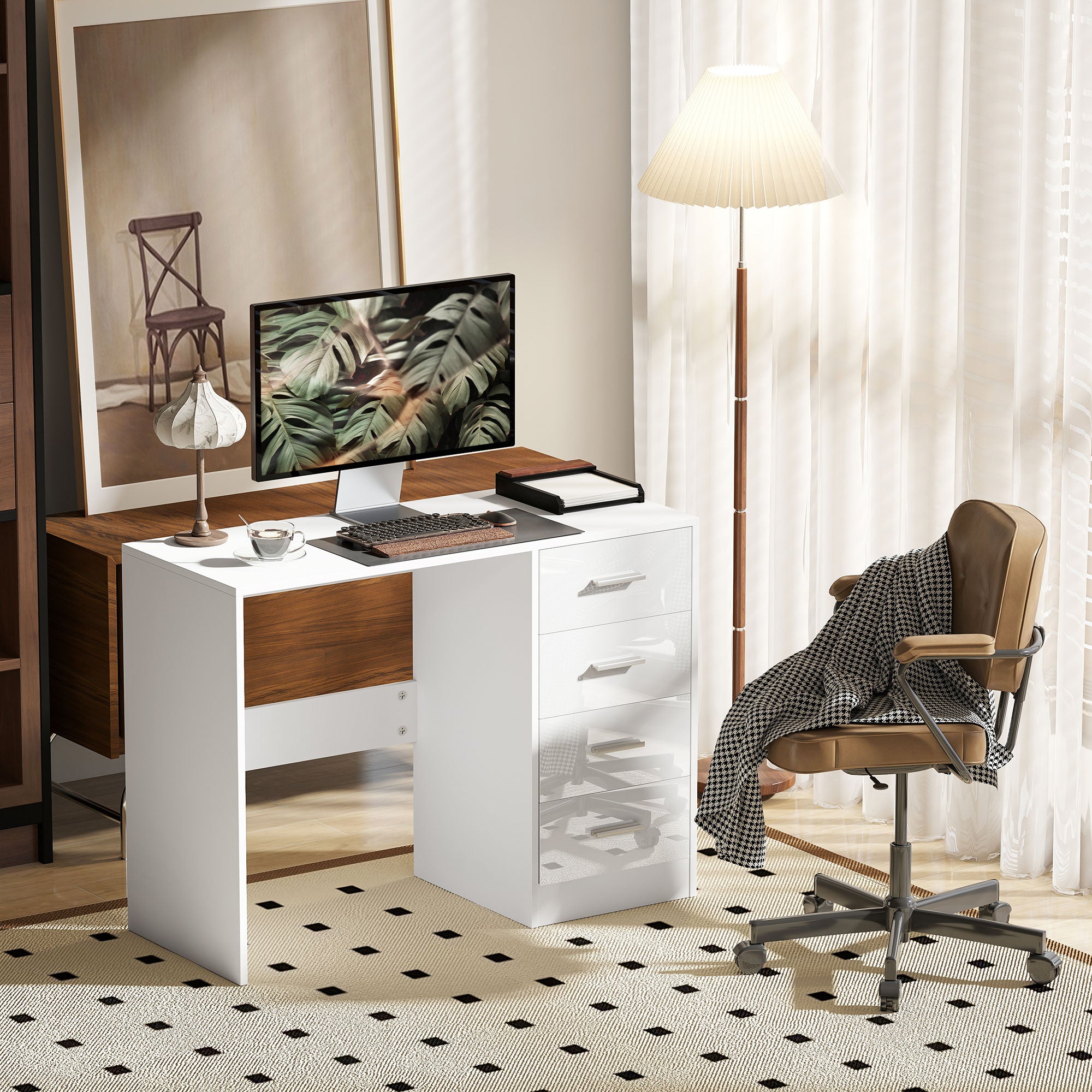 Kozy Computer Desk with Drawers, Dressing Table, High Gloss Home Office Writing Workstation, White