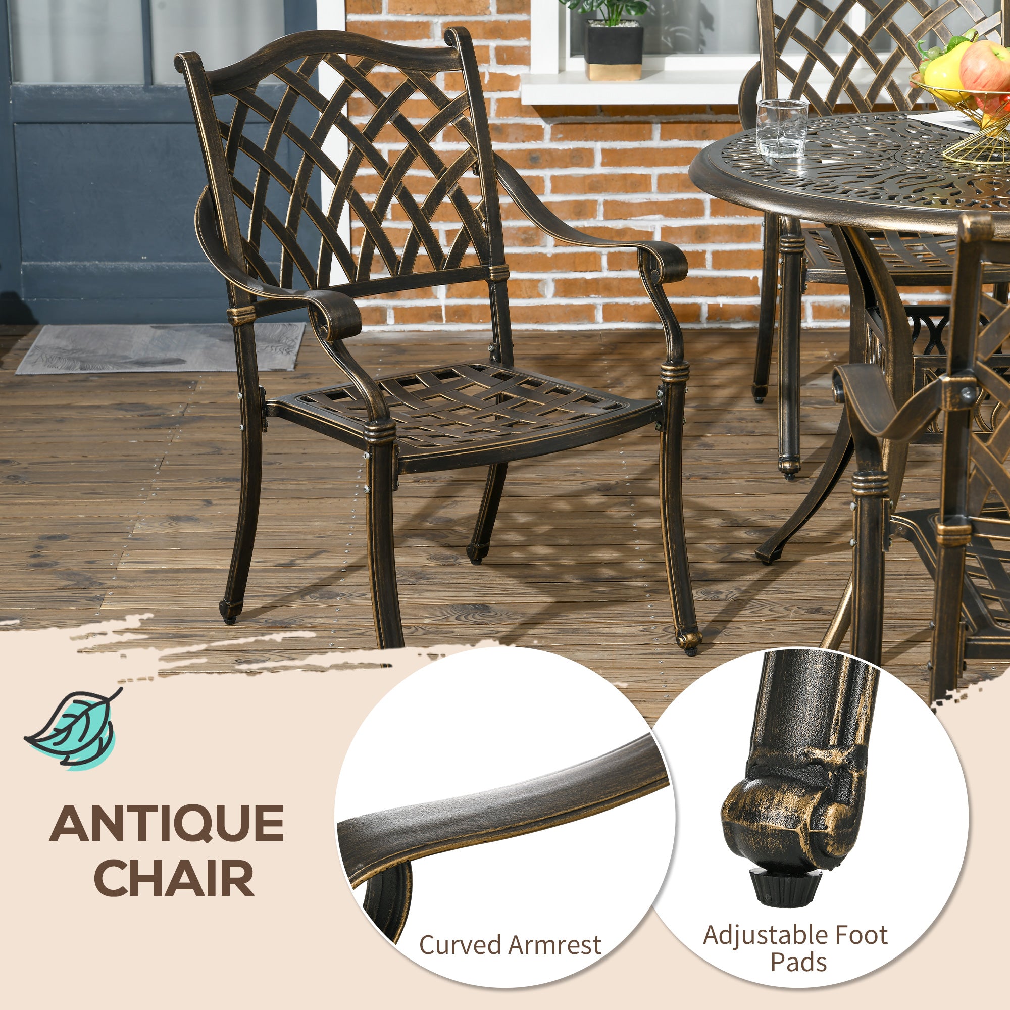 Kozy 5-Piece Outdoor Furniture Dining Set, Cast Aluminum Conversation Set Includes 4 Chairs and 90cm Round Table with 50mm Umbrella Hole for Patio Garden Deck, Flower Design