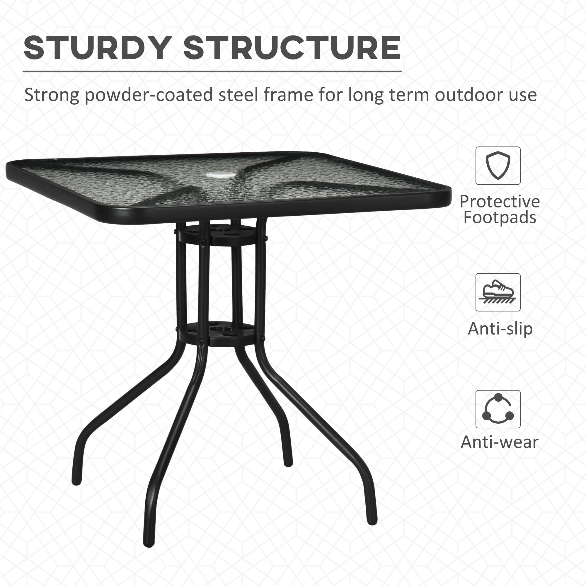 Kozy Square Garden Dining Table with Tempered Glass Top & Umbrella Hole, 76 x 76 cm