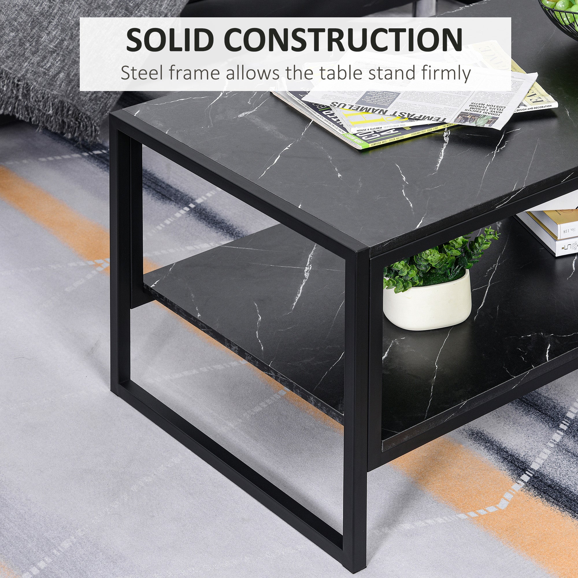 Kozy Coffee Table, Two-Tier Faux Marble Effect Centre Table with Metal Frame and Storage Shelf for Living Room, 106 x 50 x 45cm, Black