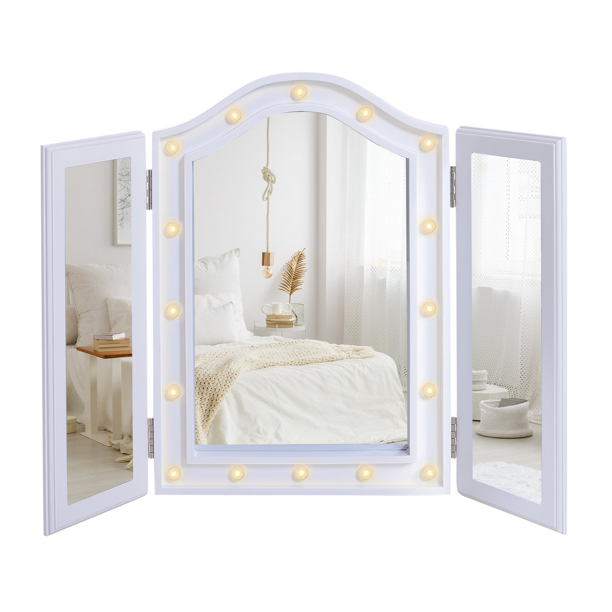 Kozy Trifold Freestanding Mirror, Lighted Tabletop Vanity Mirror Large Cosmetic w/16 LED Lights powered by batteries Foldable For Bedroom- White