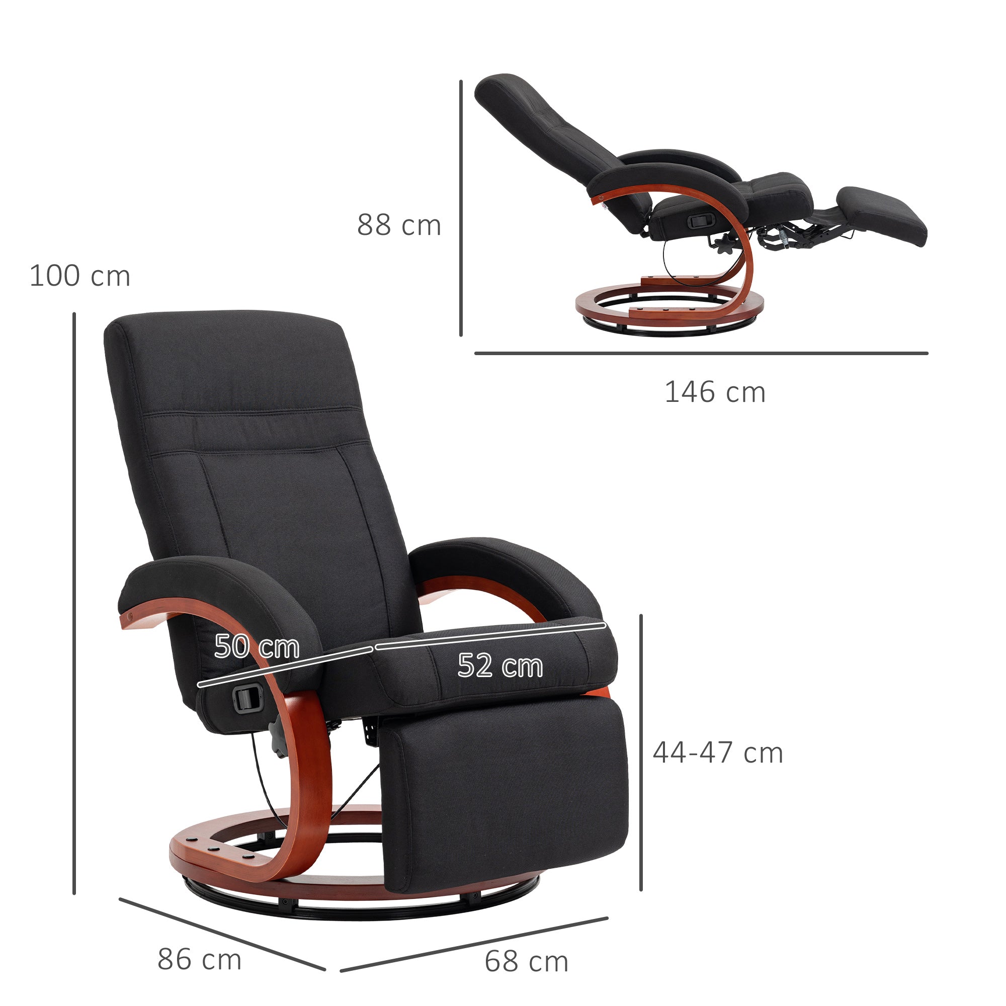 Kozy - 135° Manual Reclining Swivel Chair, with Footrest - Black
