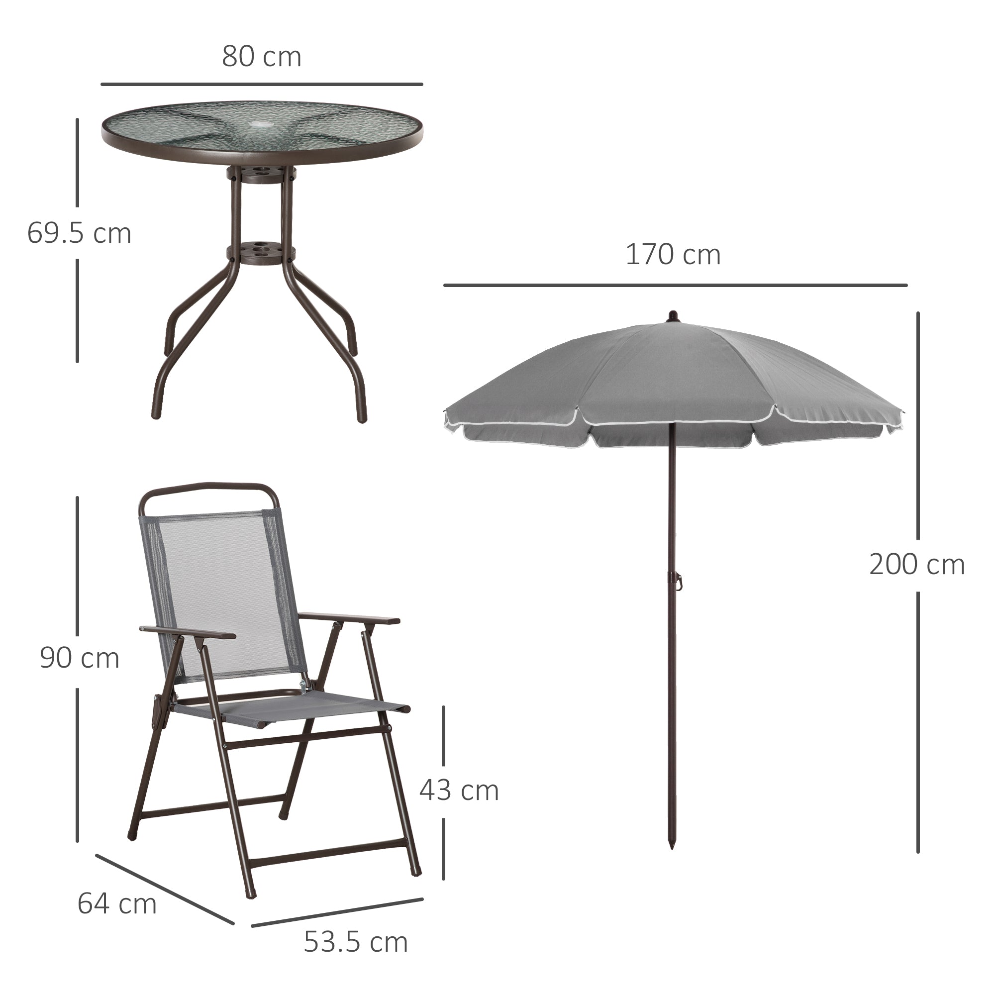 Kozy 6 Piece Garden Dining Set with Umbrella, Outdoor Dining Sets with Parasol, 4 Folding Dining Chairs & Round Tempered Glass Table, Grey