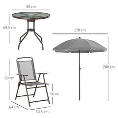 Kozy 6 Piece Garden Dining Set with Umbrella, Outdoor Dining Sets with Parasol, 4 Folding Dining Chairs & Round Tempered Glass Table, Grey