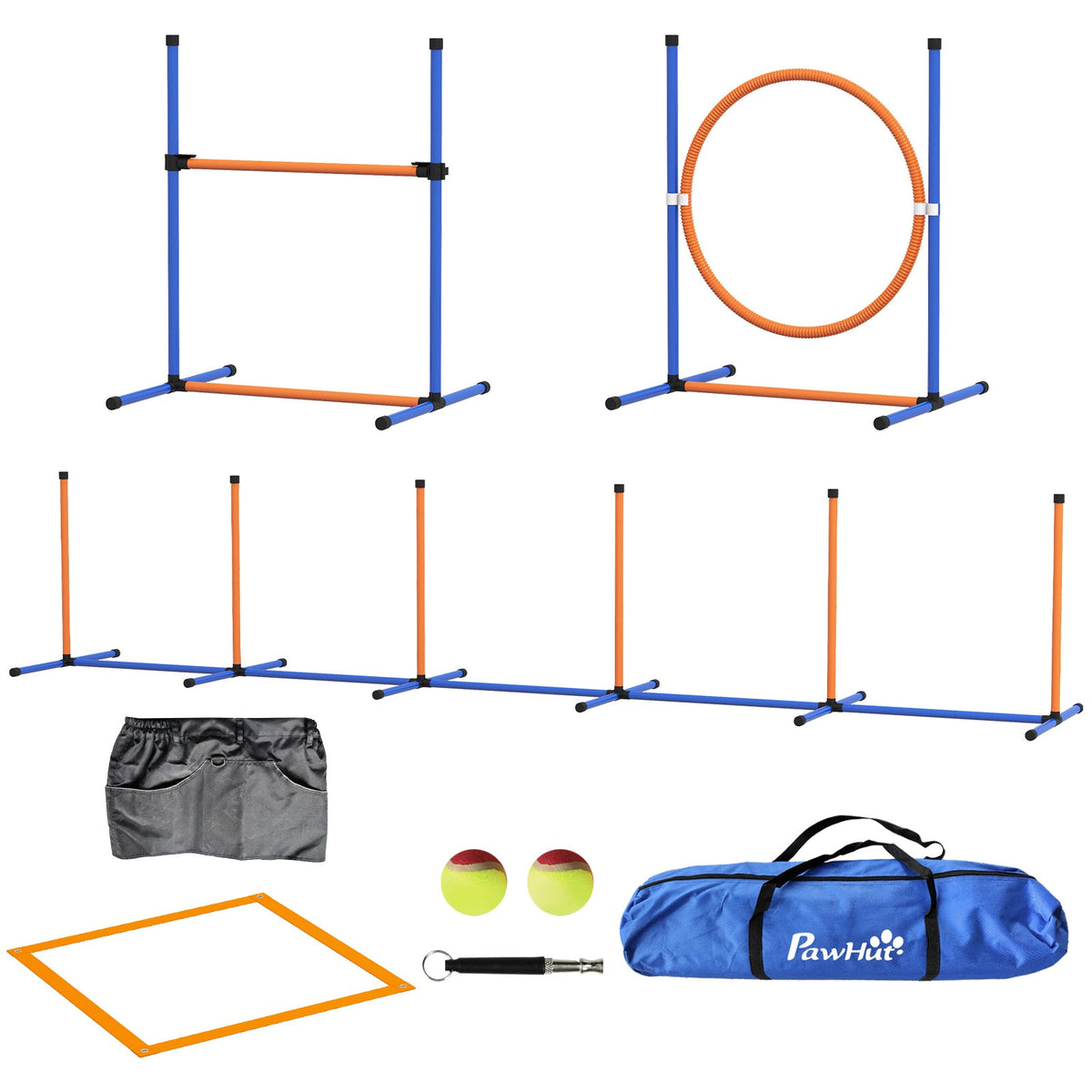 PawHut Five-Piece Dog Agility Equipment Set with Weave Poles, Jump Ring, Hurdle, Pause Box, Training Shorts, Bag, Orange | Aosom UK