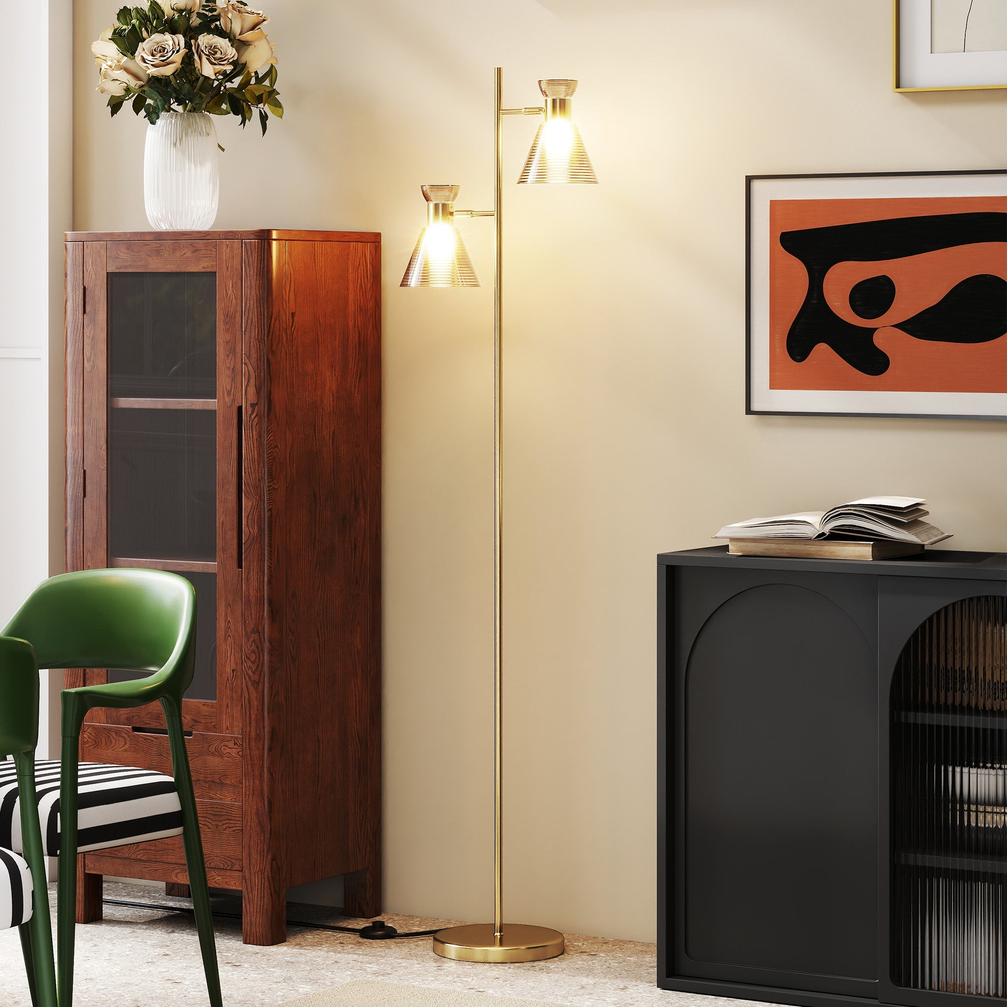 Kozy Floor Lamp with Adjustable Dual Head, Modern Standing Lamp with Floral Glass Shades and Foot Switch for Living Room Bedroom, E27 Socket, Bulb Not Included, Gold Tone