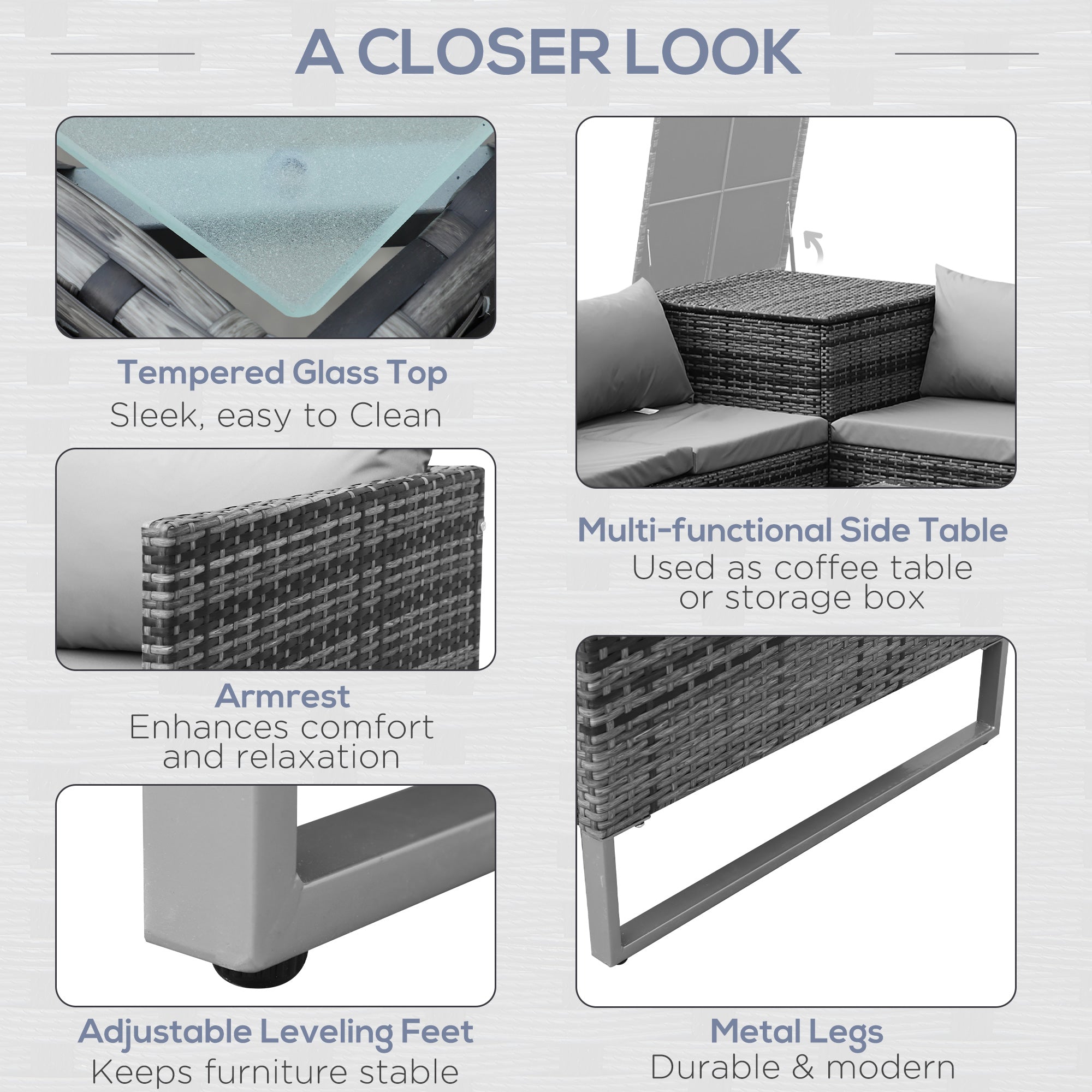 Kozy 4pc Garden Rattan Wicker Outdoor Furniture Patio Corner Sofa Love Seat and Table Set  with Cushions Side Desk Storage, Mixed Grey