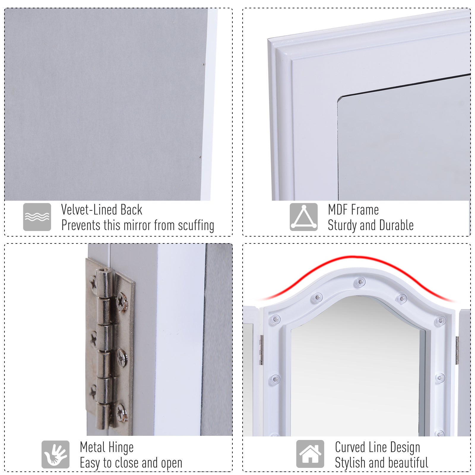 Kozy Trifold Freestanding Mirror, Lighted Tabletop Vanity Mirror Large Cosmetic w/16 LED Lights powered by batteries Foldable For Bedroom- White