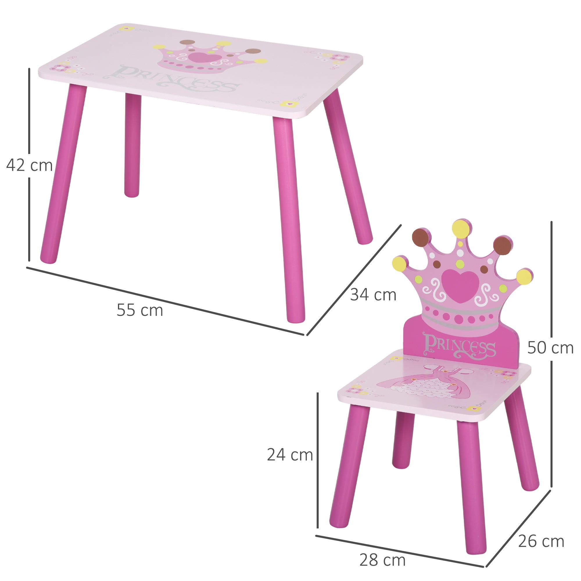 Kozy 3 Pcs Kids and Table Chair Set Princess & Crown Theme Home Furniture Pretty Gift 2-4 Years Pink