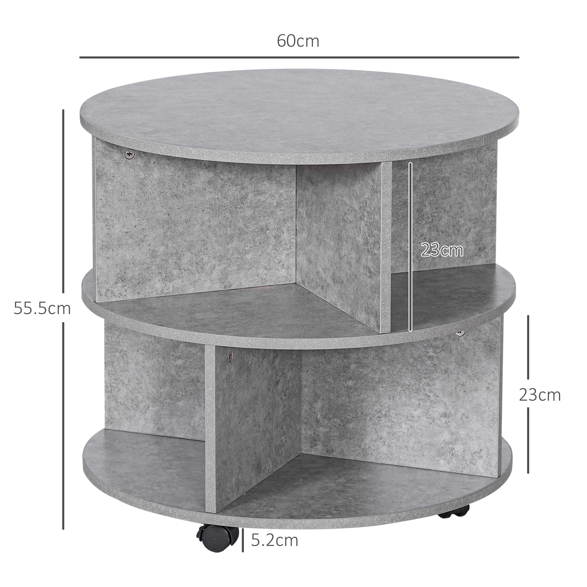 Kozy Round Coffee Table with Wheels, 3-Tier Rolling Side Table for Living Room with Divided Shelves, Cement Colour