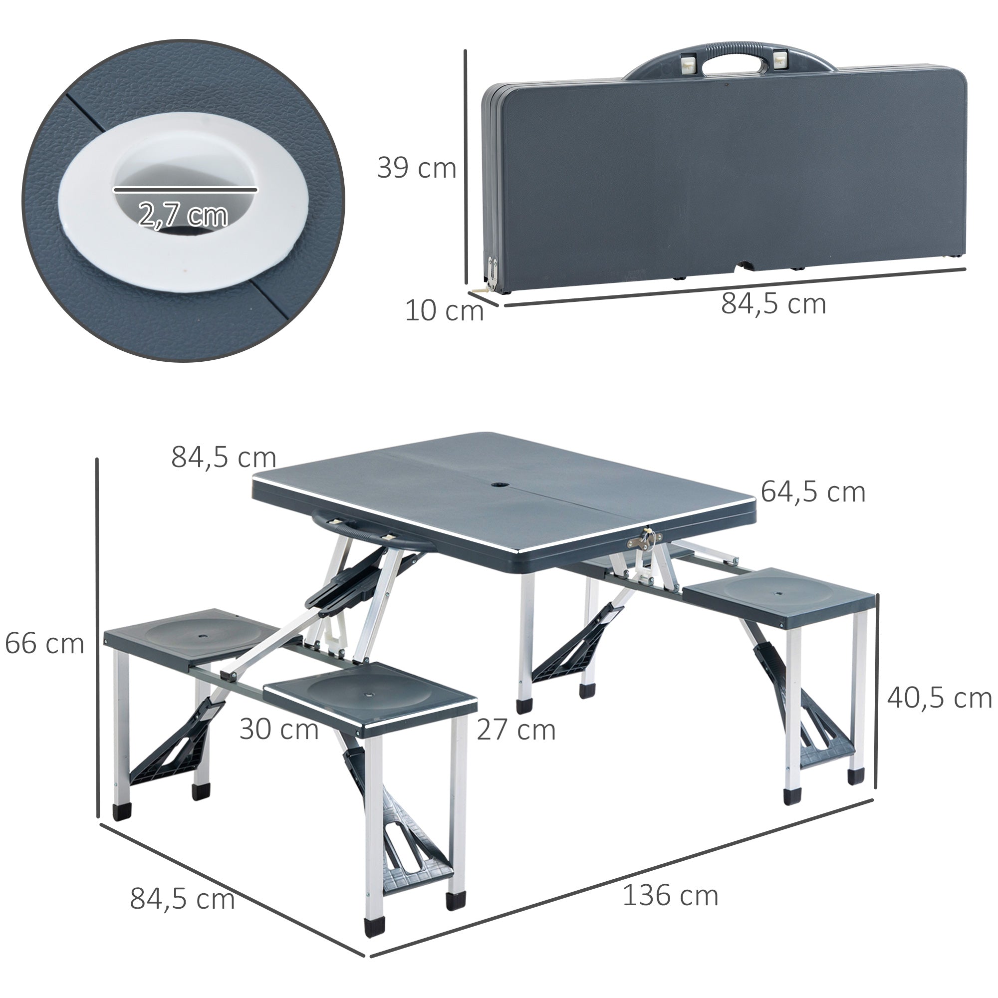 Outsunny Portable Folding Picnic Table and Chair Set, Aluminium Frame Dining Furniture with Four Chairs for Camping, BBQ Party, Suitcase Design, Blue