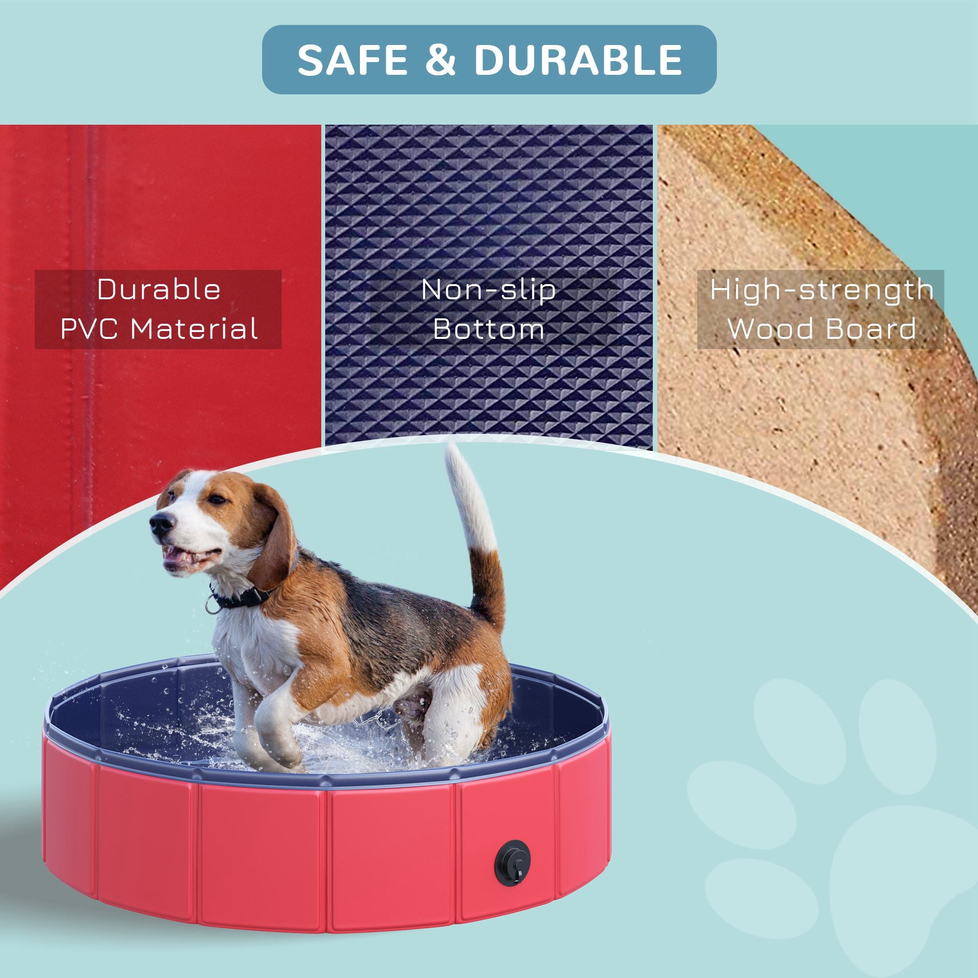 Kozy Foldable Dog Pool, 80 x 20 cm Pet Paddling Pool with Wood Board Support and Anti-Slip Bottom, Portable Doggy Paddling Pool for Garden and Outdoor Use, Red