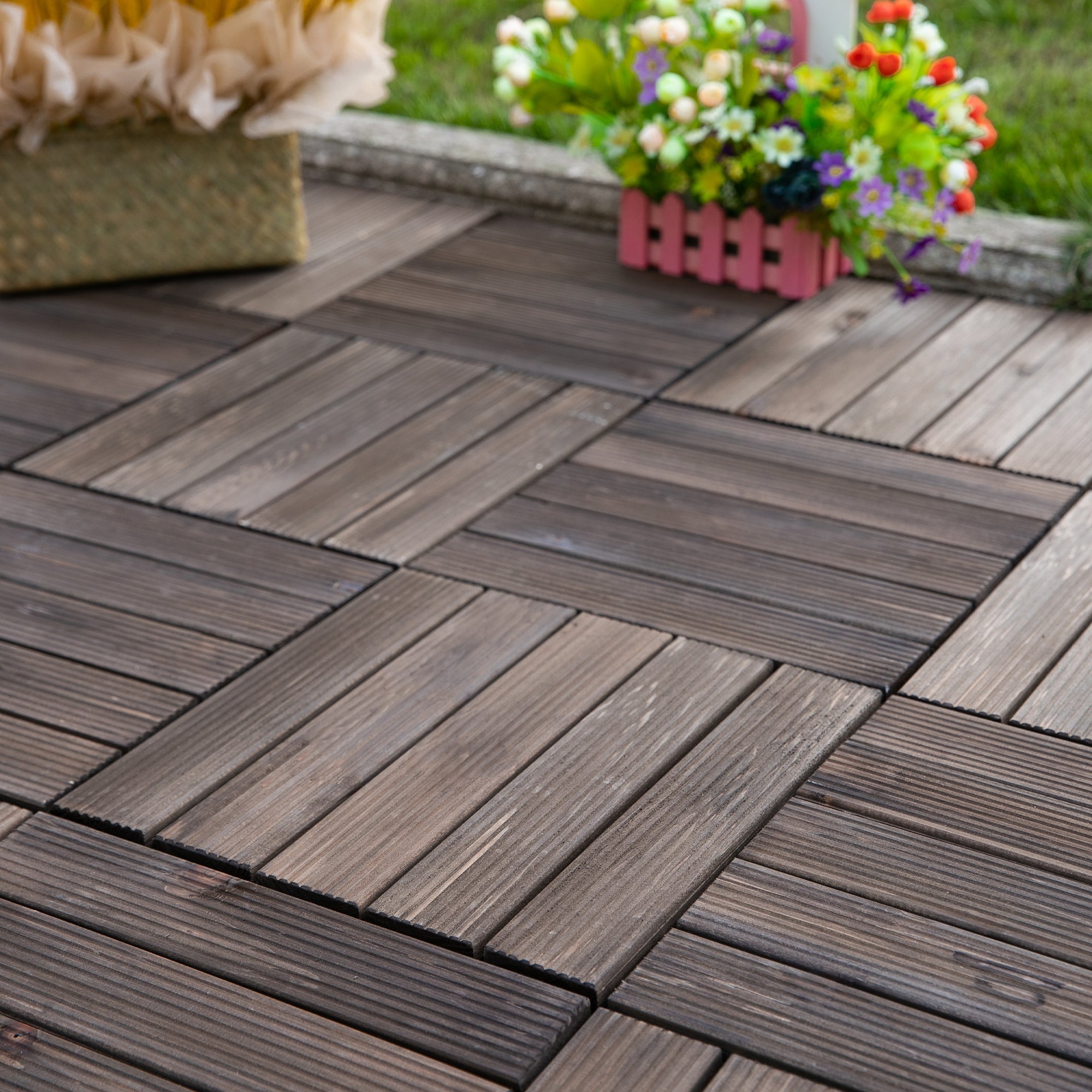 Kozy 27 Pcs Solid Wood Interlocking Decking Tiles For Patio, Balcony, Roof Terrace, Hot Tub, Black, (30 x 30 cm Per Piece)
