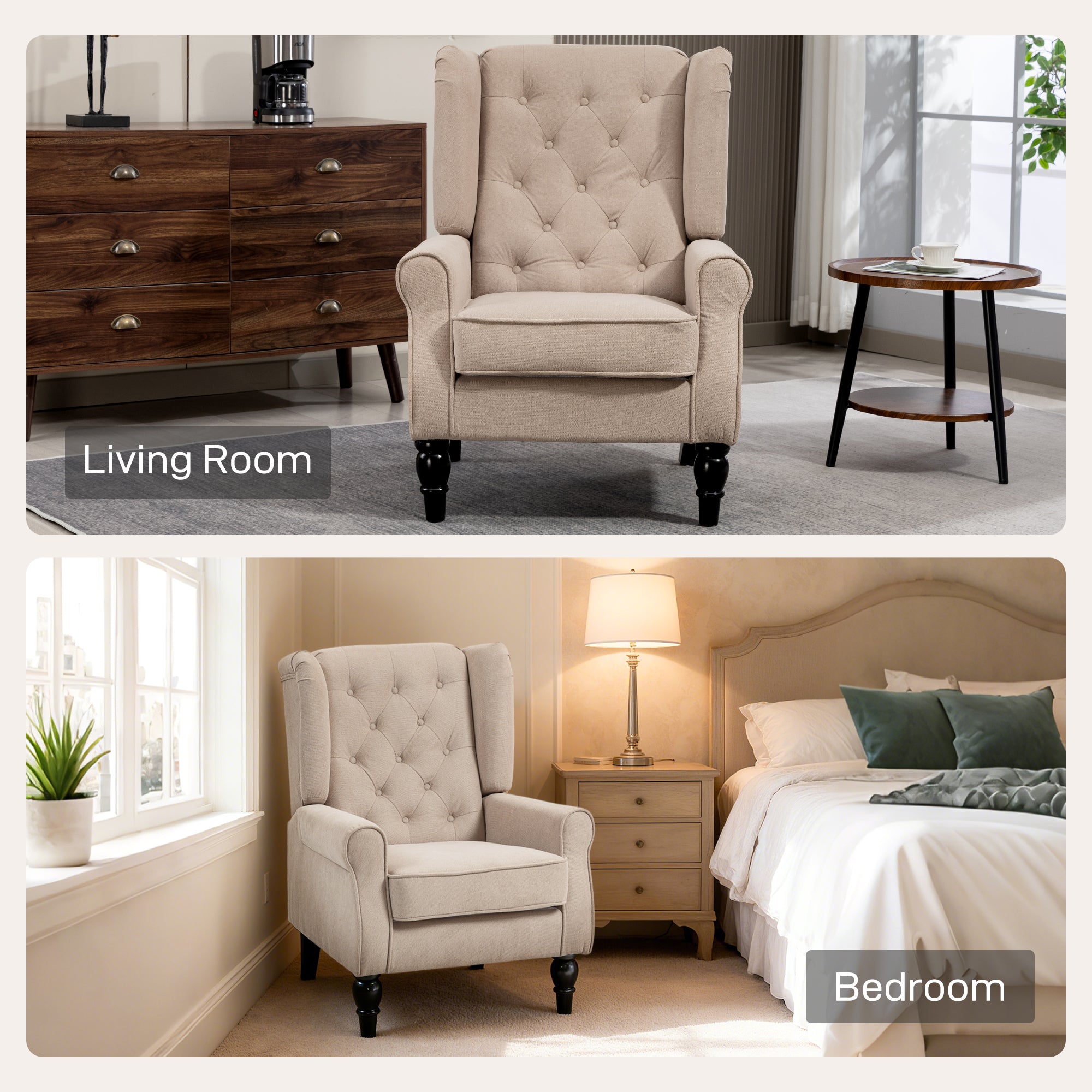 Kozy Wingback Accent Chair, Retro Upholstered Button Tufted Occasional Chair for Living Room and Bedroom, Beige