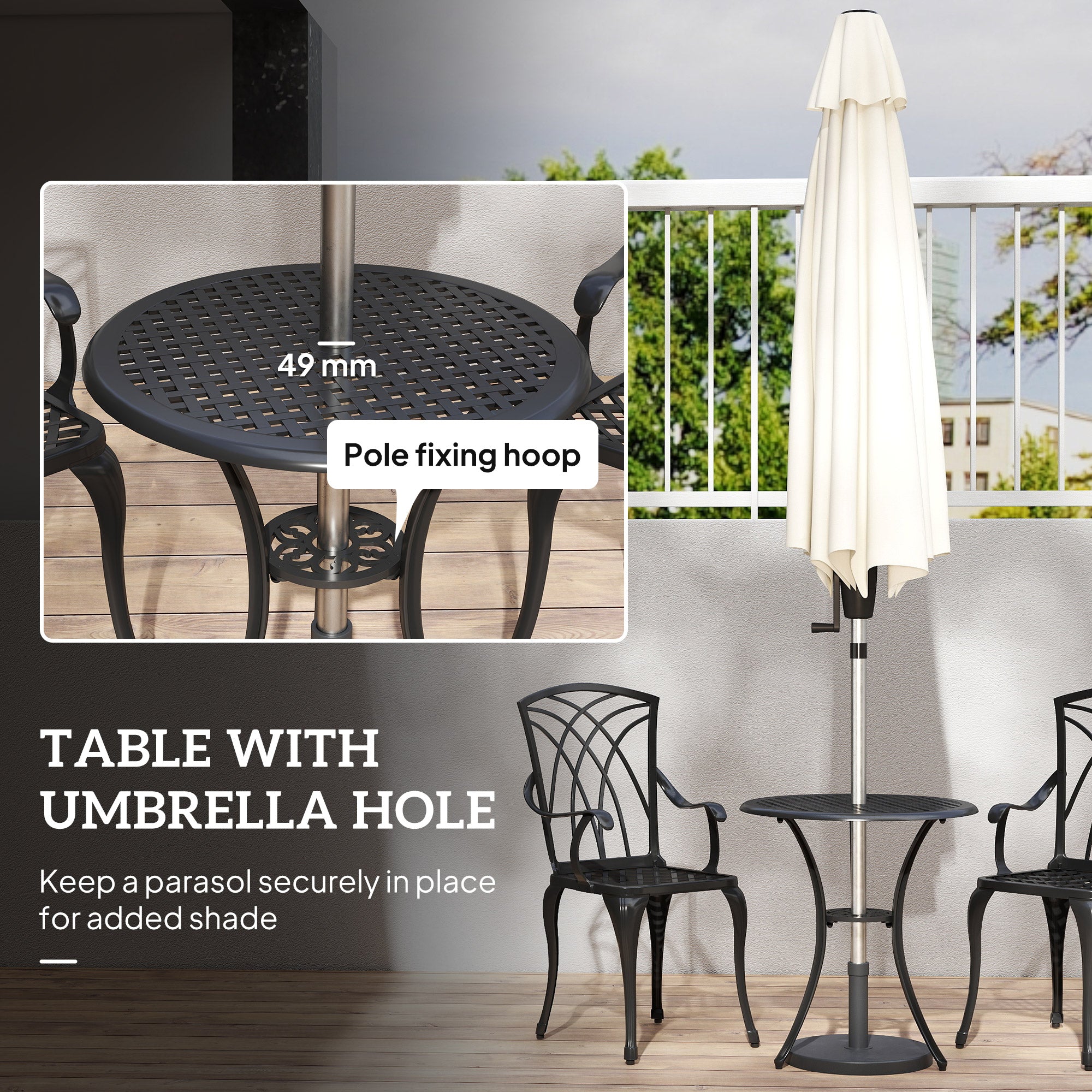 Kozy 3 Pieces Garden Dining Set for 2, Cast Aluminium Outdoor Dining Set with 2 Armchairs and Round Dining Table with Parasol Hole, Garden Furniture Set, Brown