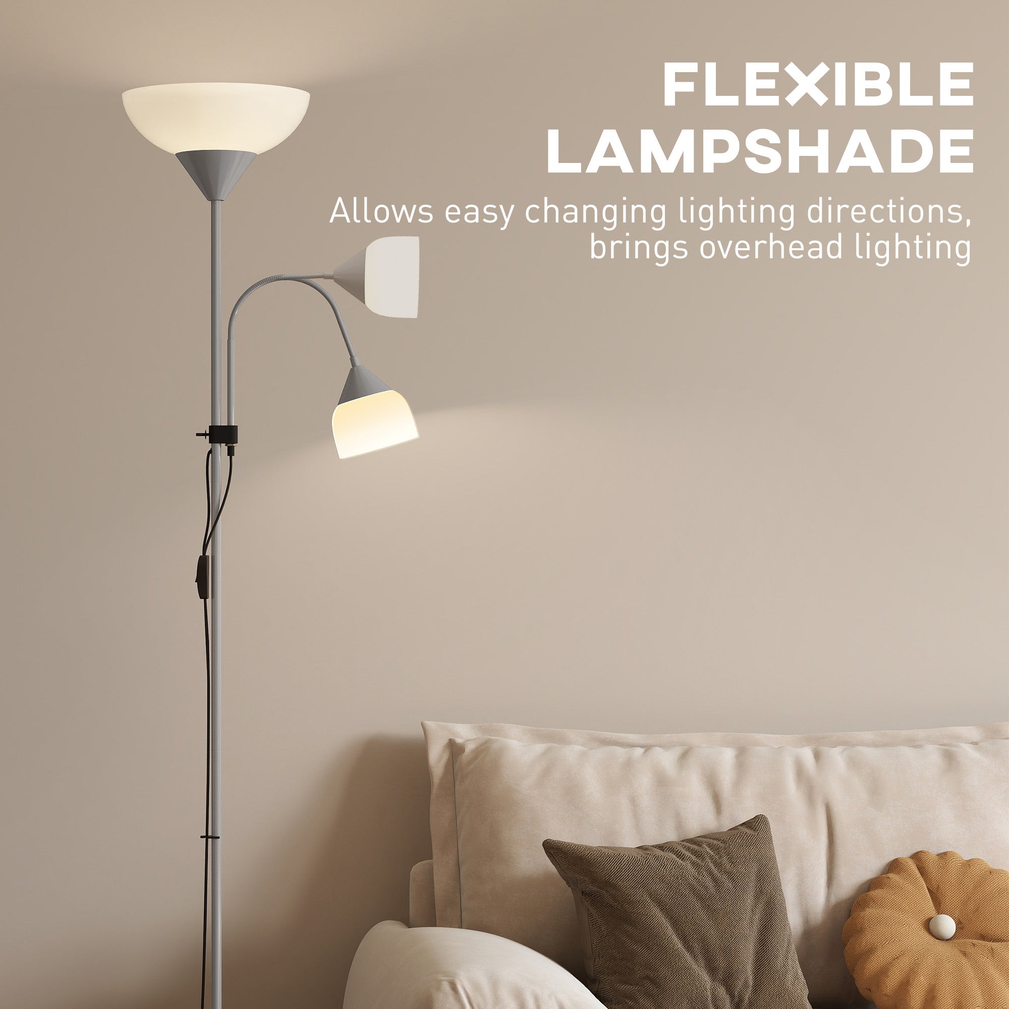 Kozy - LED Floor Lamp for Living Room, 180cm Tall Standing Lamp, Mother and Child Uplighter with Adjustable Gooseneck, 3000K/4500K/6500K Colour Temperatures, Silver Tone