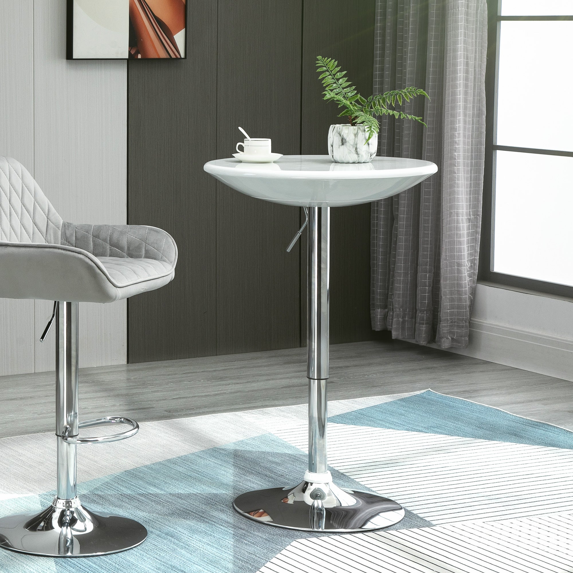 Kozy Modern Round Bar Table Adjustable Height Home Pub Bistro Desk Swivel Painted Top with Silver Steel Leg and Base, White