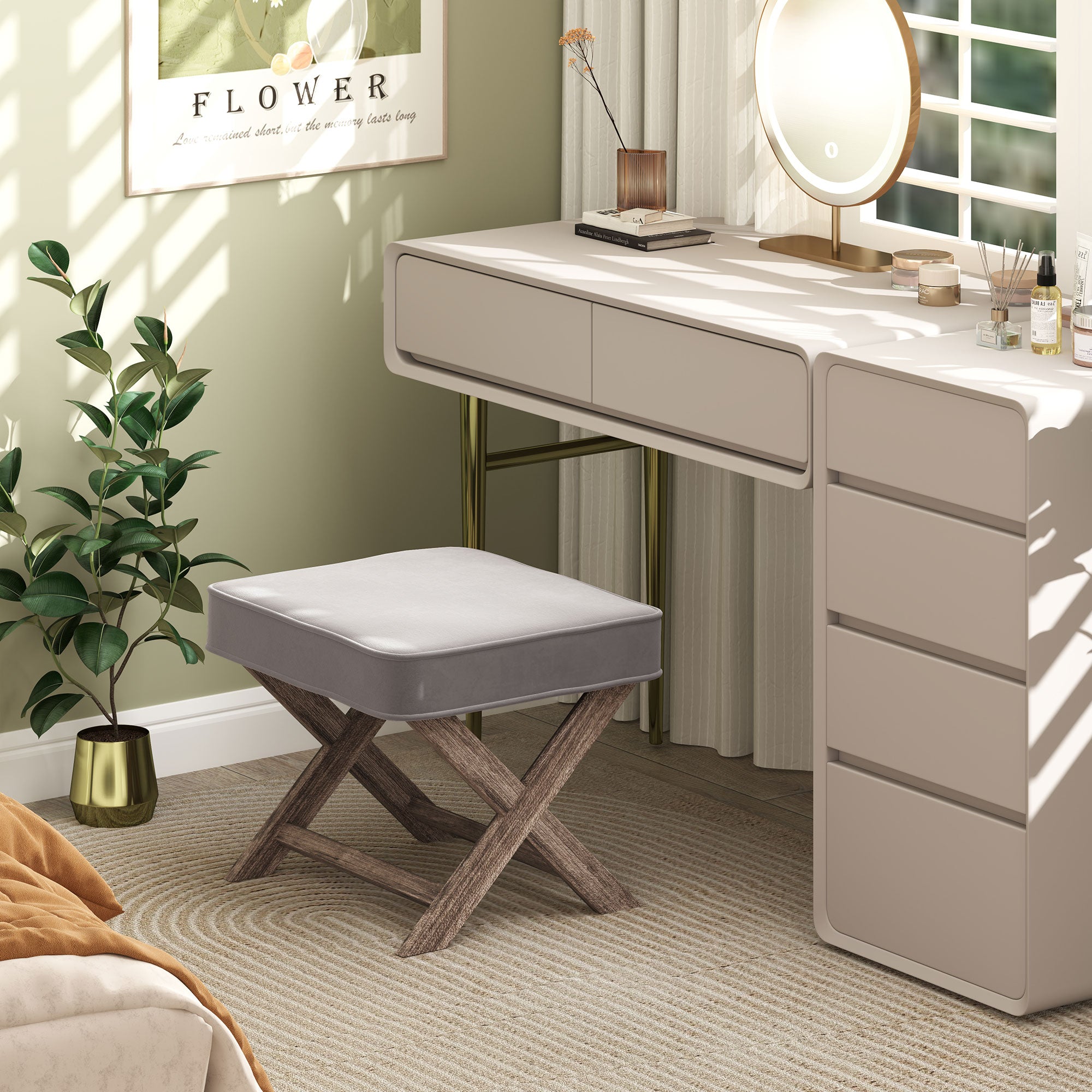 Kozy Vintage Footstool Padded Seat X Leg Chair Velvet Cover Shabby Chic Footrest Solid Rubber Wood Frame 49.5 x 45 x 41 cm Grey