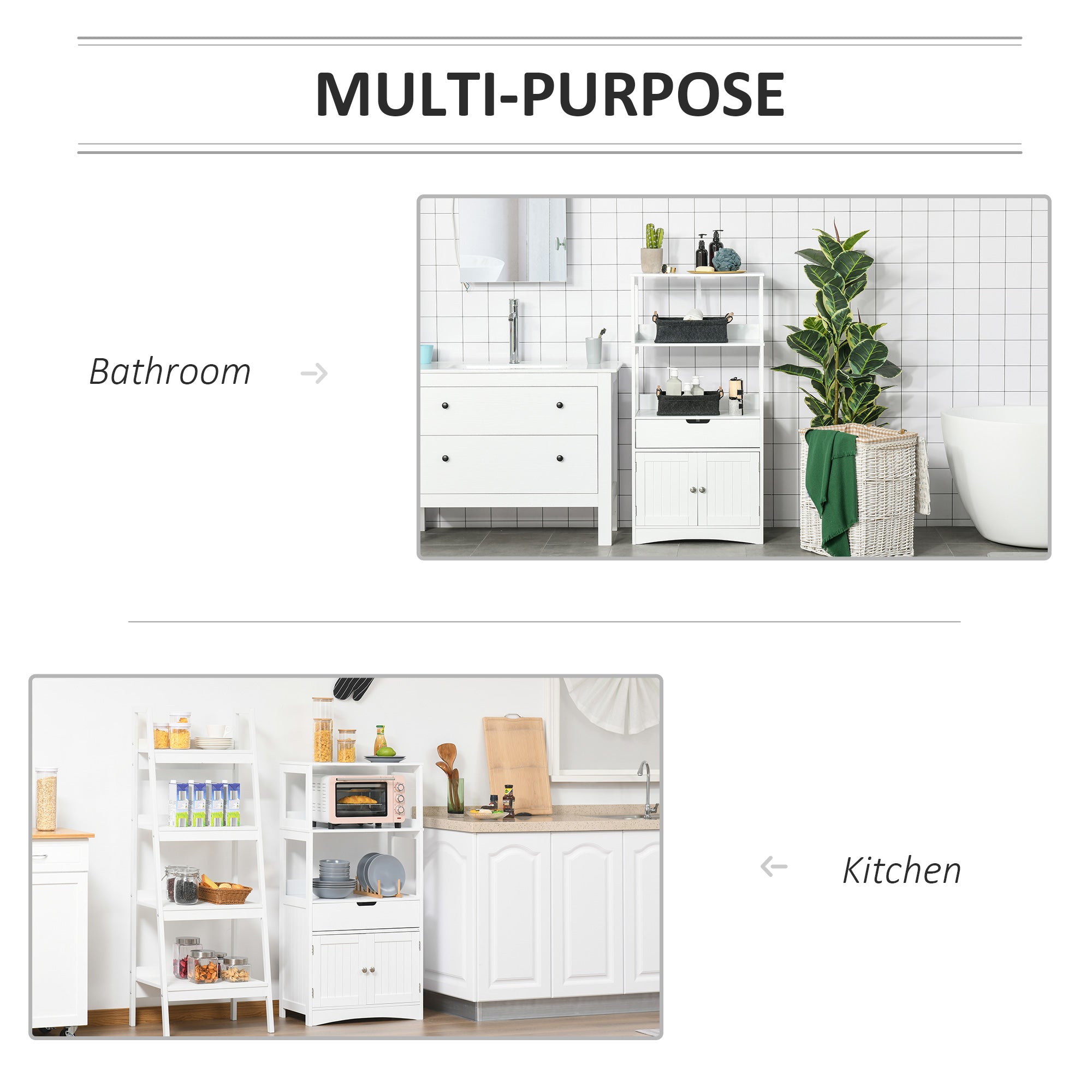 Kozy Bathroom Floor Cabinet, Free Standing Kitchen Cupboard with Shelves, Drawer and Doors, Storage Organizer for Living Room, White
