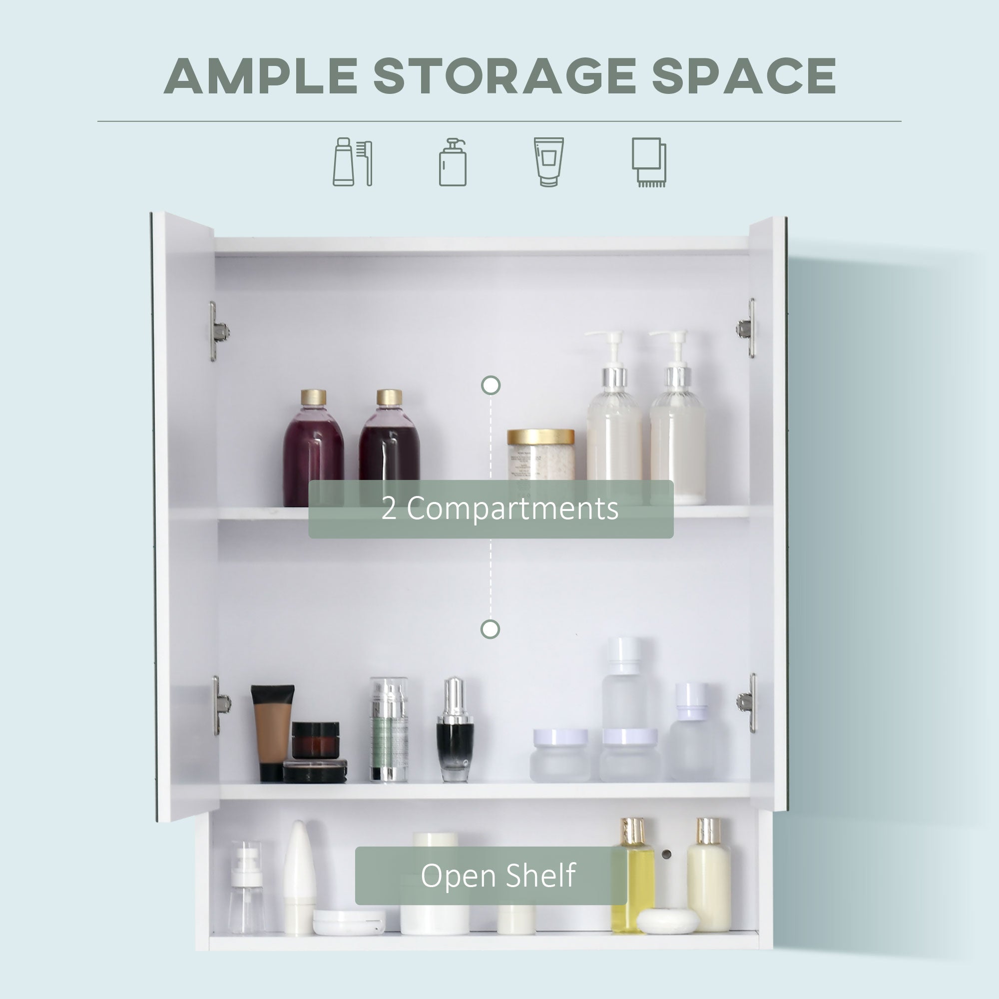 Kozy Bathroom Cabinet with Mirror, Wall Mounted Bathroom Mirror Cabinet with Adjustable Shelf, 2 Doors Storage Cupboard, White