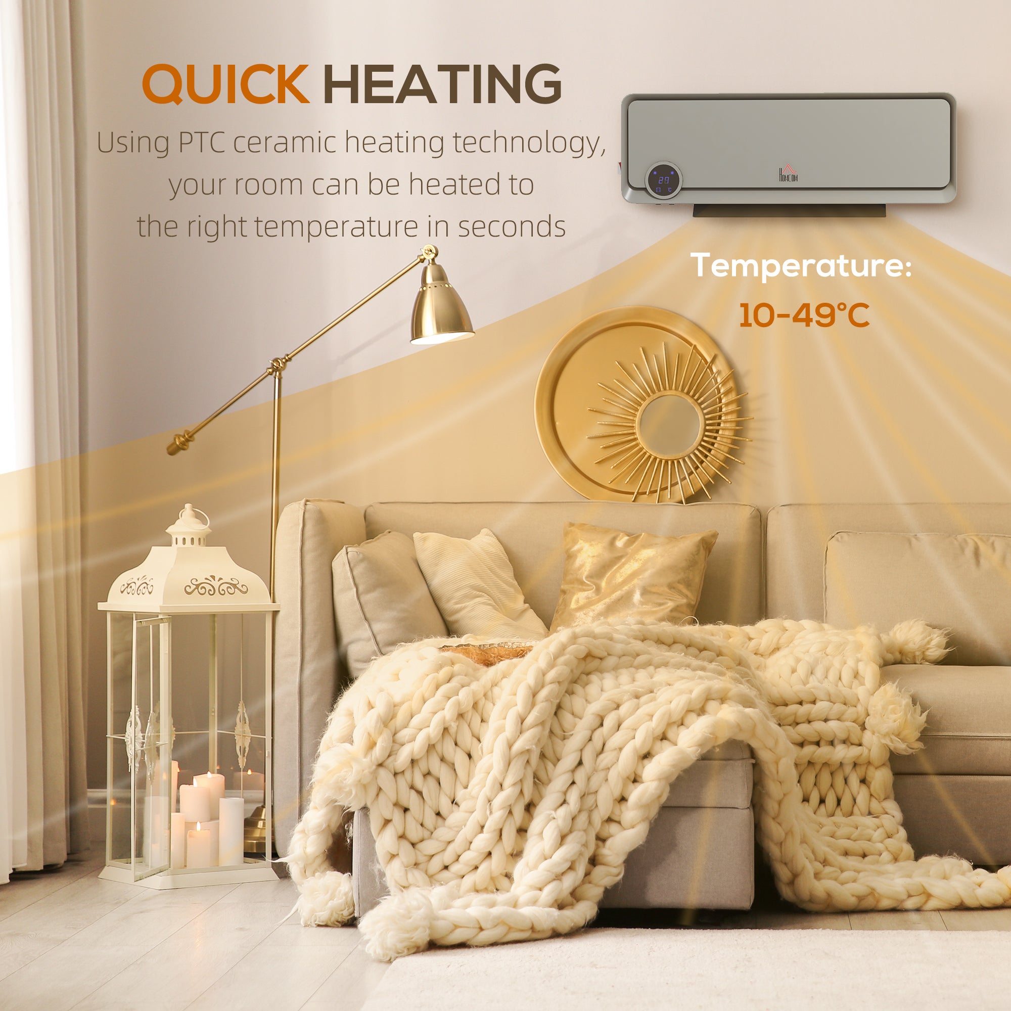 Kozy - Wall Downflow Heater 2 Heat and Fan 1000W/2000W, Electric Space Heater with Timer Remote Oscillating, for Bedroom Home Office, Grey