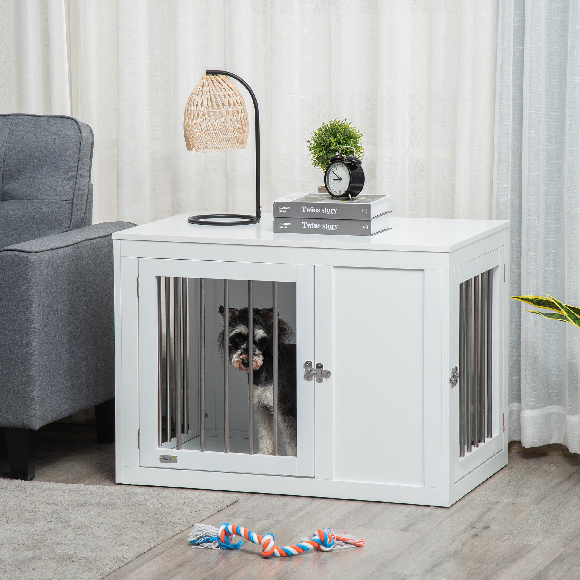 Kozy 2-in-1 Dog Cage and Side Table, with Two Lockable Doors, for Medium Dogs - White
