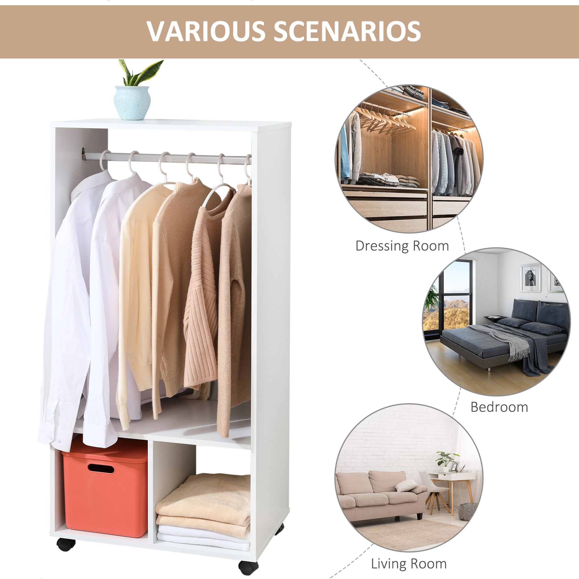 Kozy Open Wardrobe on Wheels, Bedroom Wardrobe with Clothes Hanging Rail, 2 Storage Shelves, Mobile Garment Rack for Cloakroom, Hallway, White