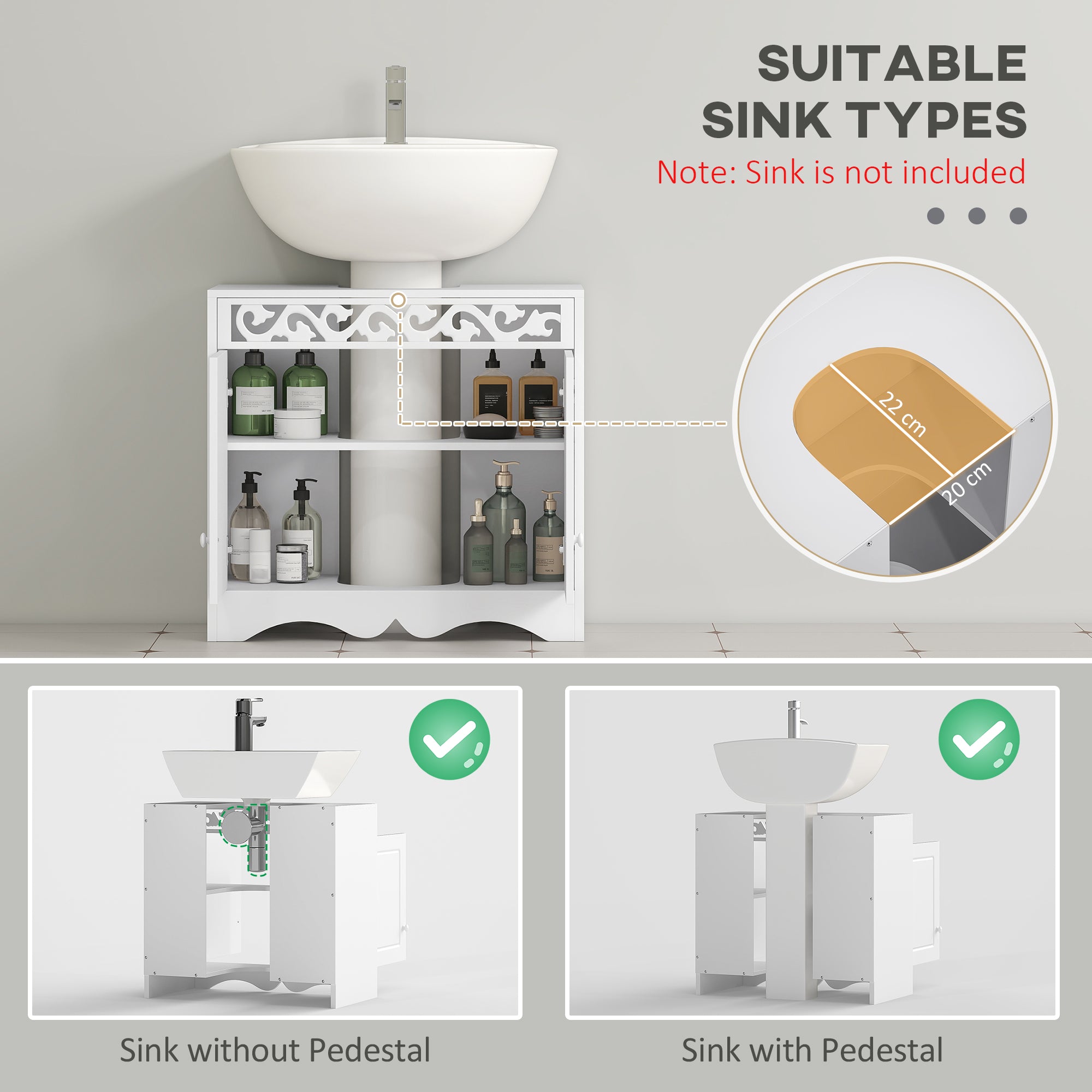 Kozy Bathroom Under Sink Storage Cabinet 2 Door Wooden Cupboard Vanity Units