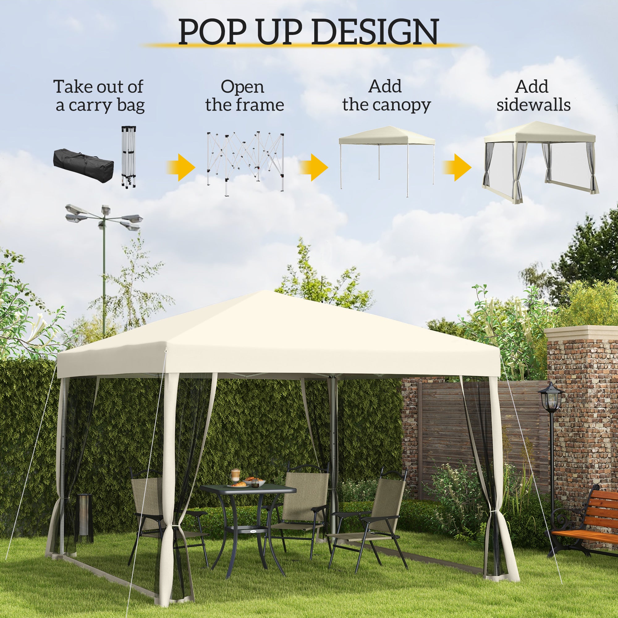 Kozy 3 x 3(m) Pop Up Gazebo with 4 Mesh Sides and Carry Bag, Height Adjustable Party Canopy Tent, Portable Garden Outdoor