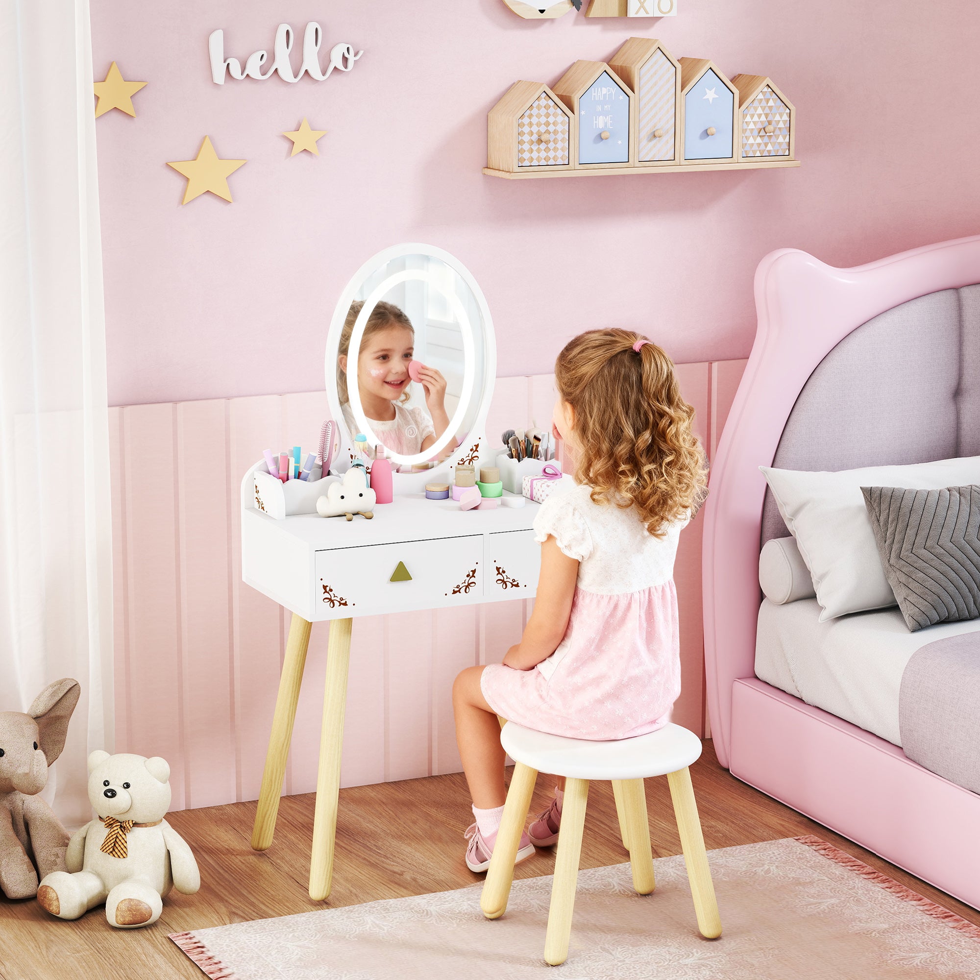 Kozy Kids Vanity Table and Chair Set with 3-Colour LED Lights Mirror, Drawer, Storage Boxes, for 3+ Years, White